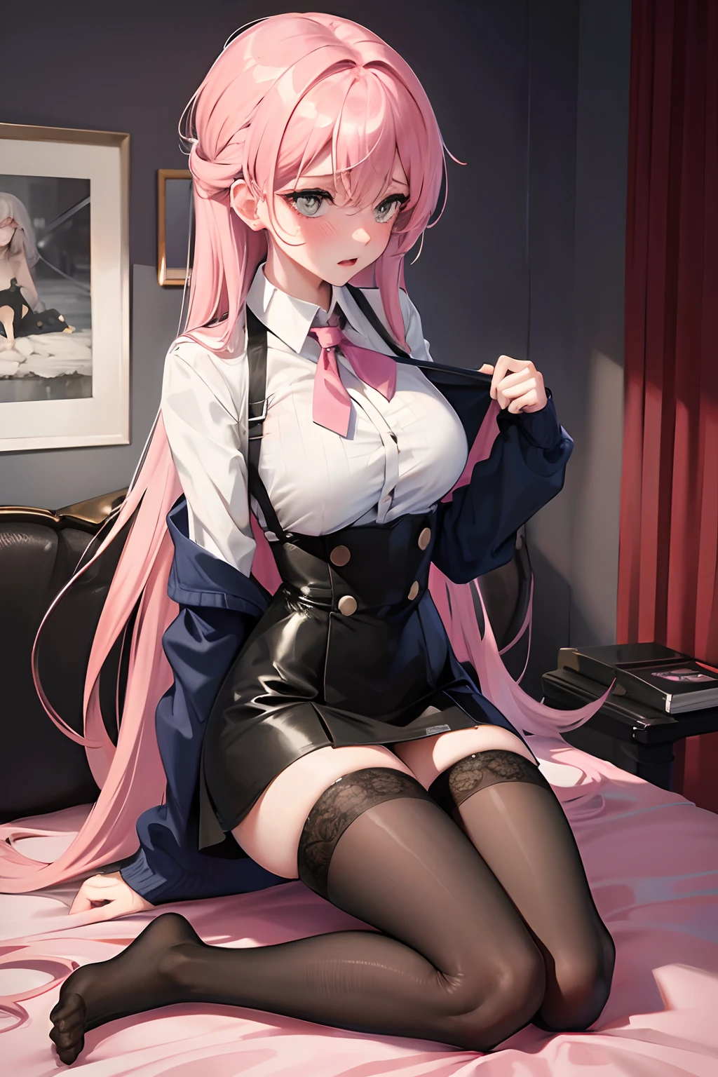 busty, caught undressing, full body, surprised, embarrassed, no bottoms, stockings, tight shirt, long light pink hair