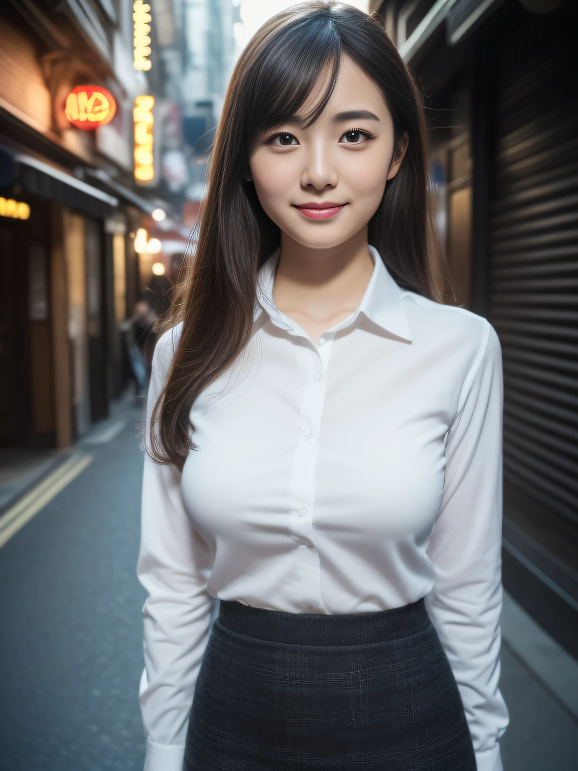 (Raw photo:1.2), (Photorealsitic:1.4), huge filesize, hight resolution, ighly detailed, top-quality, (masterpiece:1.6),(Hyper-realistic: 1.4), ighly detailed, nffsw, finely detail, top-quality, 8k wallpaper,People with Japan,((Girl with clear white skin)),17 age、((Full body shot:1.4))、((Muscle Girl:1.3, Giant physique:1.3, thick neck:1.3, thick and strong arms:1.3, thick and powerful legs:1.3))、((large full breasts:1.4)),((Lori face:1.2))、Narrow eyes, cute face, Narrow eyes,((A smile))、((Sauvage、One-length))、((((White collared shirt、Black pencil skirt))))、((Stand at the end of a narrow alley in the middle of the night、A big city lined with neon-lit Western-style izakayas))、 (Realistic: 1.3), (Smooth lighting: 1.05), (Improved cinematic lighting: 0.9), Realistic lighting, Backlight, Face Light, raytrace, (Whitening light: 1.2), ( Top quality real skins: 1.4), (Body Line Mood Increase:1.1), (Skin Texture Enhancement Beauty:1.1),