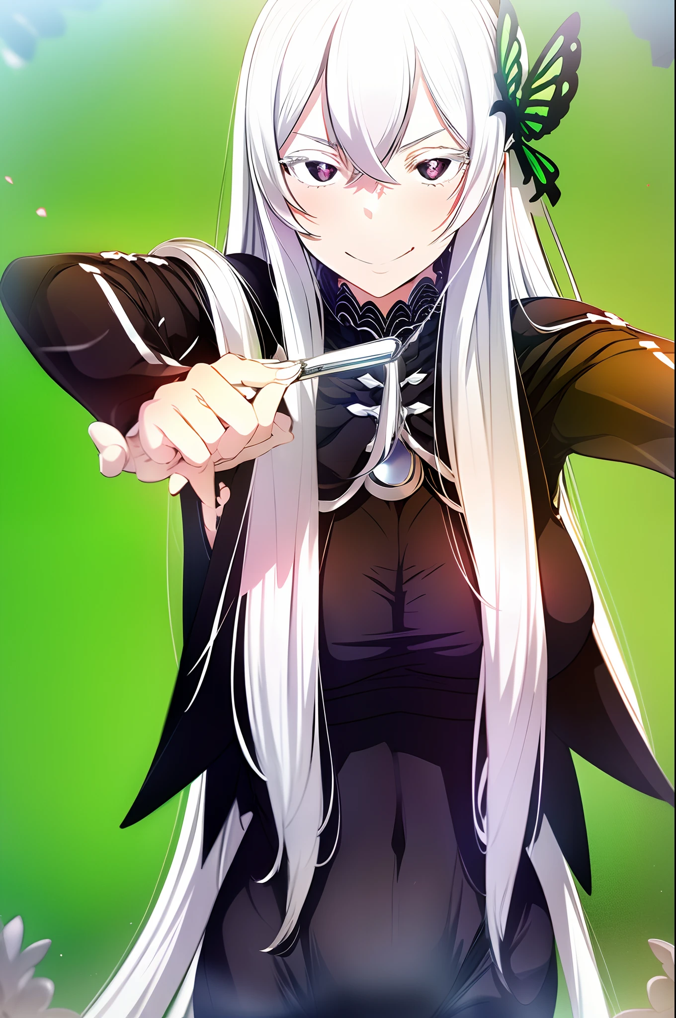 ((Upper body selfie)) top-quality, best quality, detailed background, masterpiece, 1girl, echidna, white hair, long hair, grey eyes, butterfly hair ornament, black dress, black capelet, looking at the camera, field of grass