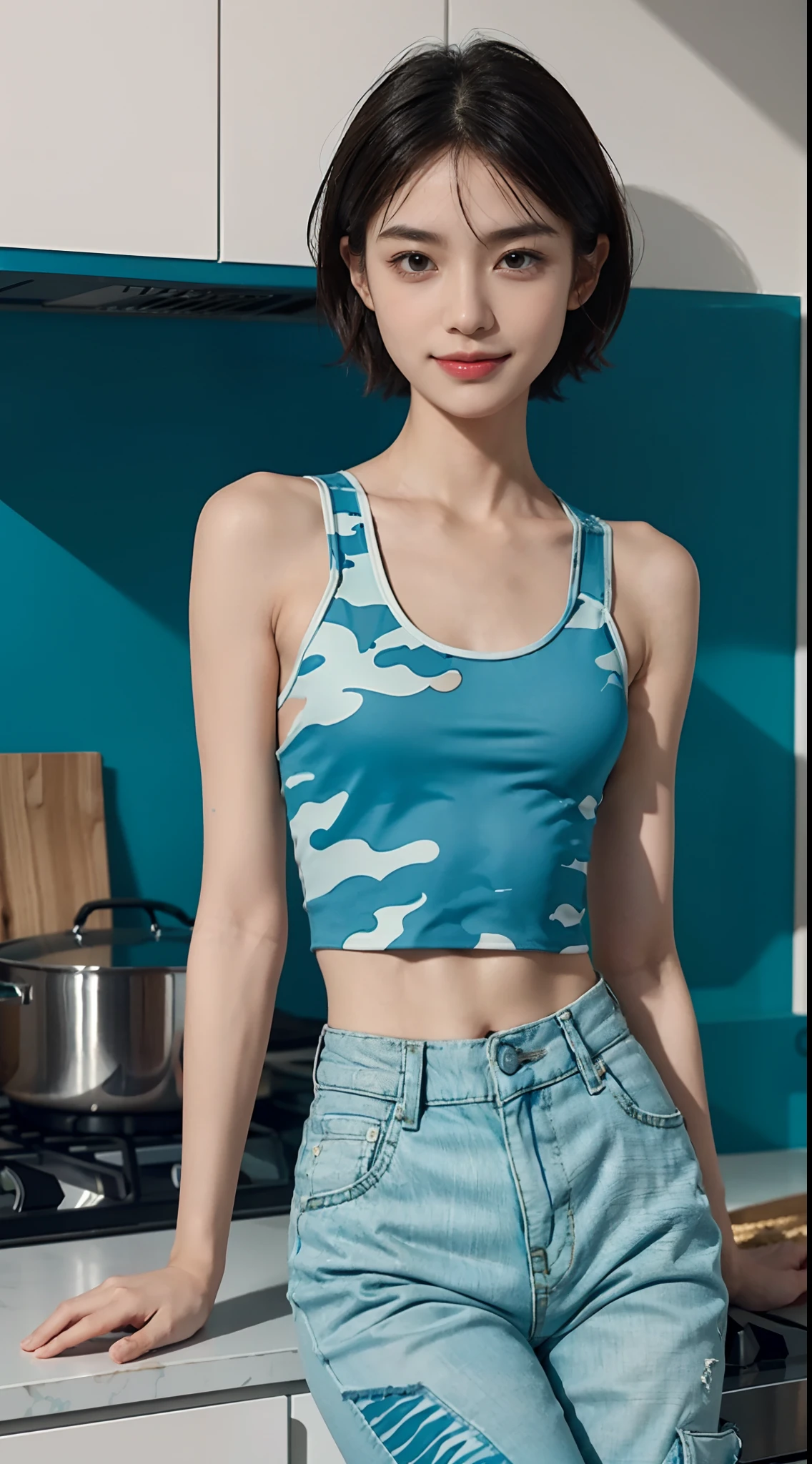 (Small lower chest,Tomboyish,small heads)), (Well-defined abs: 1.1), (perfect bodies: 1.1), (short-length straight short hair: 1.2), attractive collarbone，（极其细致的CG 8k壁纸），（Extremely refined and beautiful），（tmasterpiece），（best qualtiy：1.0），（超高分辨率：1.0），upper body，[A high resolution]，cheerfulness，Smile，Smooth and flawless fair skin，ultra - detailed ，Elongated legs，（Small breasts:1.1),Flat chest,Slim，emaciated，（Blue camouflage clothing:1.4)，(White strap top tank:1.4),(Blue camouflage pants:1.4),In a kitchen，Teal background，Next to the stovetop，Cooking，from front，Close shot，nightfall，warm light,Several dishes on table，standing