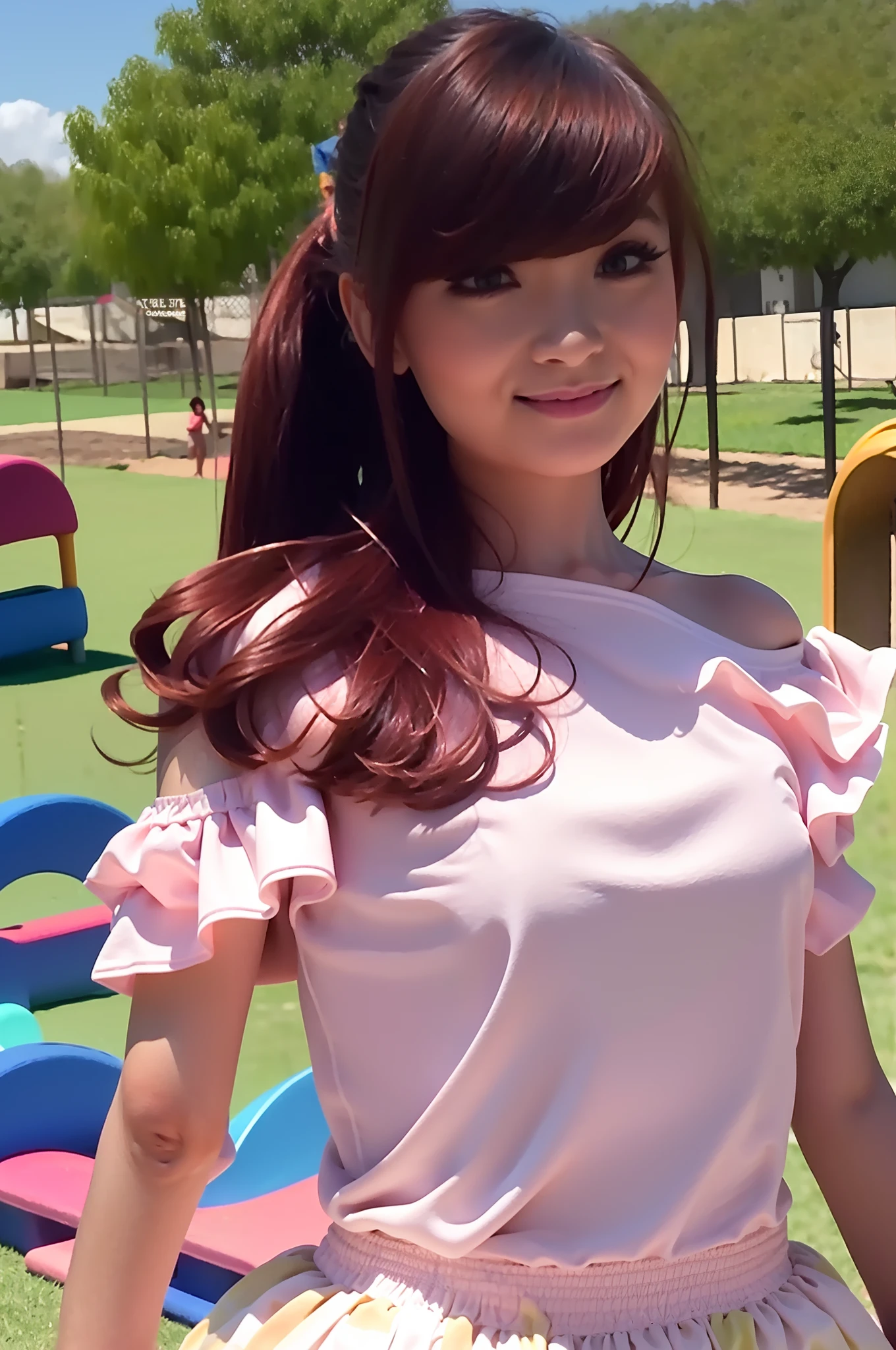 1 female, standing feminine style, at the Playground, wearing off-shoulder shirt, hotskirt, long bangs hair, full body, close up, little sweet smile, ultra high quality, Masterpiece