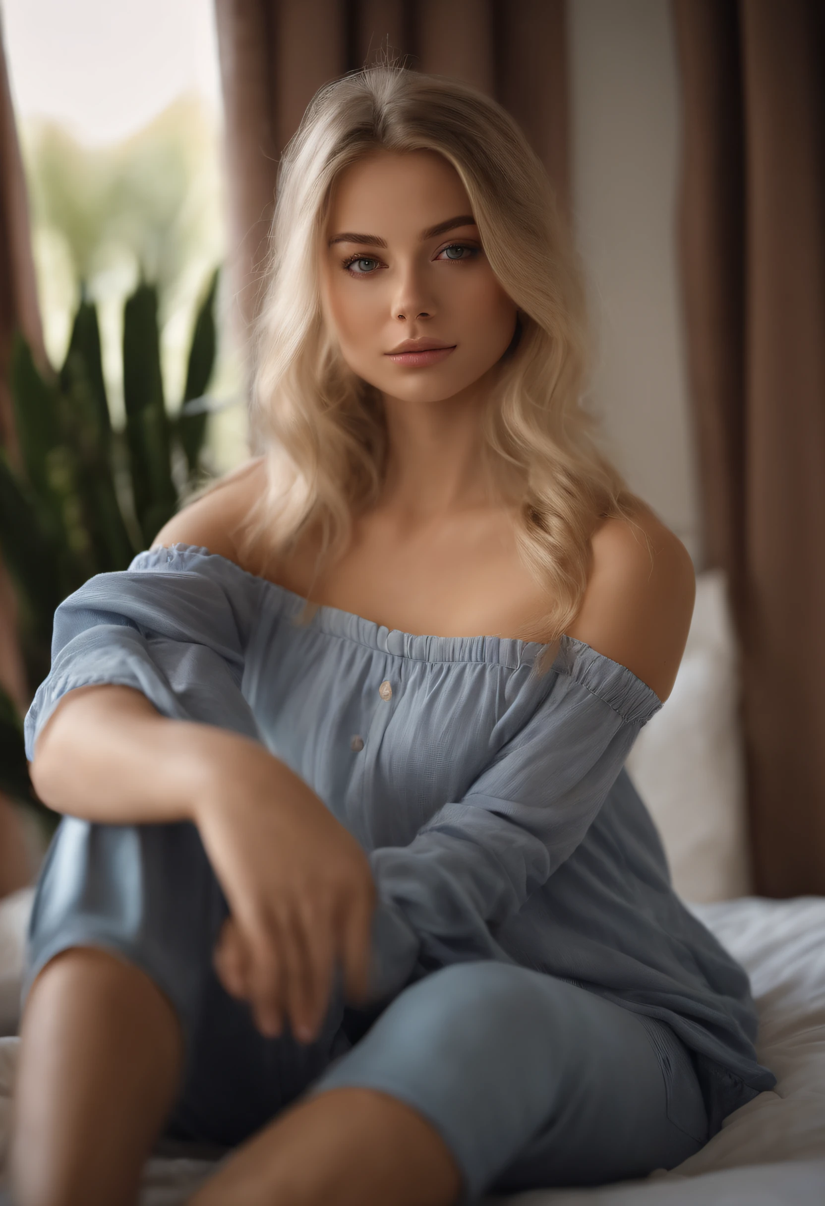 arafed woman fully , sexy girl with blue eyes, ultra realistic, meticulously detailed, portrait sophie mudd, blonde hair and large eyes, selfie of a young woman, bedroom eyes, violet myers, without makeup, natural makeup, looking directly at the camera, face with artgram, subtle makeup, stunning full body shot kneeling on bed, in bedroom, medium to large size bust