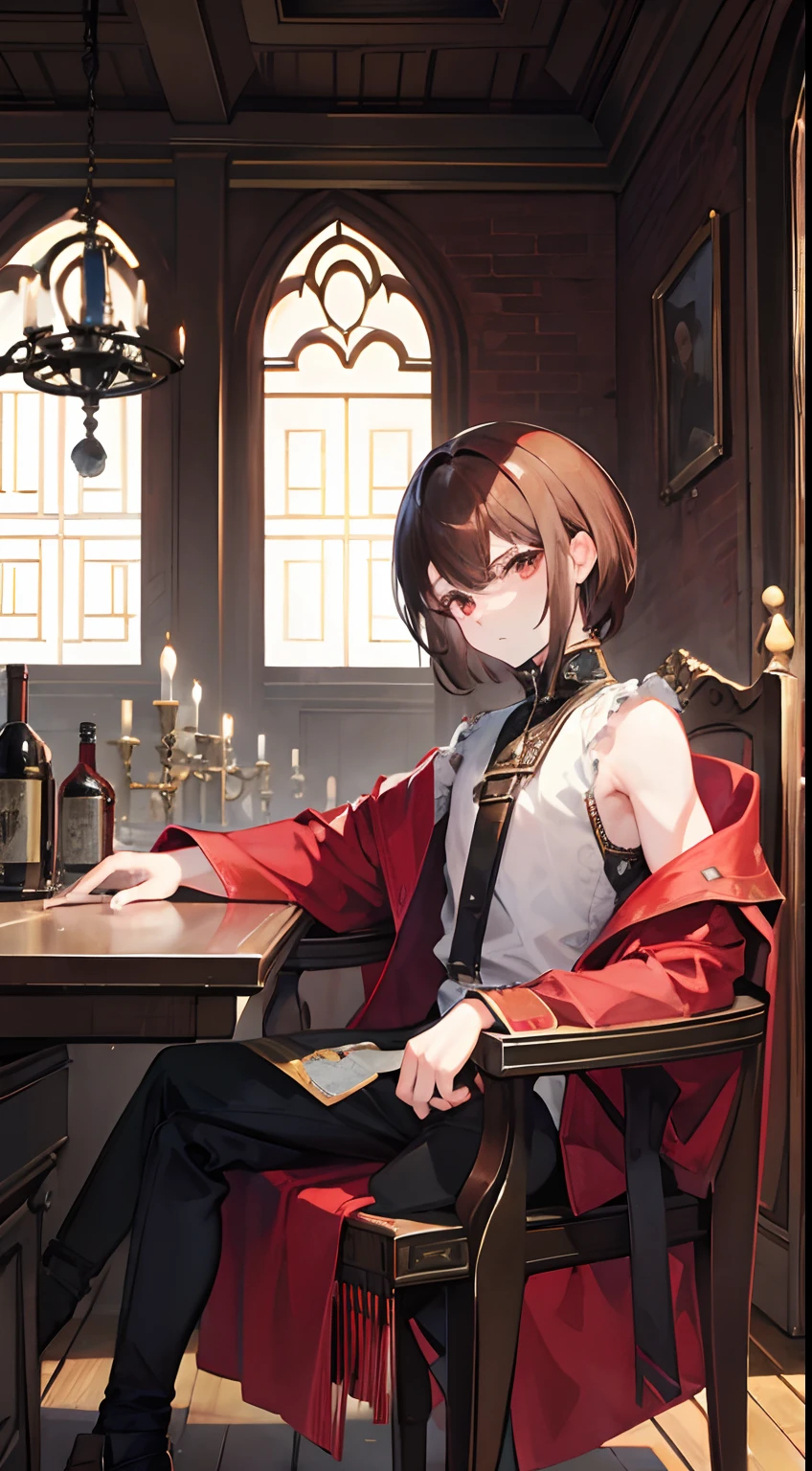 The demon king, boy, brown hair, short hair, background castle, sitting in chair