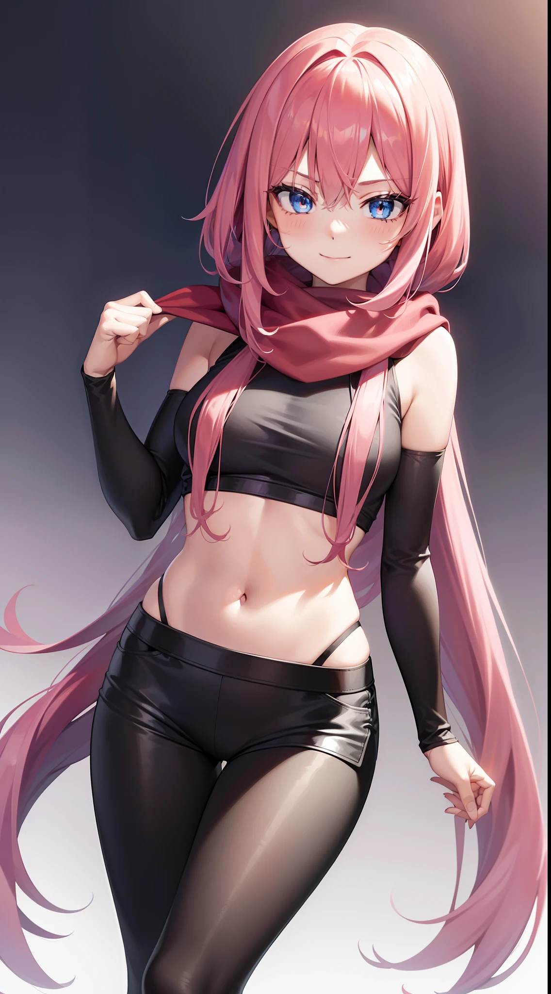 young girl, long pink hair, Iroquois hairstyle, blue eyes, smirk, Black tight top, red tight pants, open belly, Sleeveless, a scarf, Masterpiece, hiquality, 4k, HD, Good detail