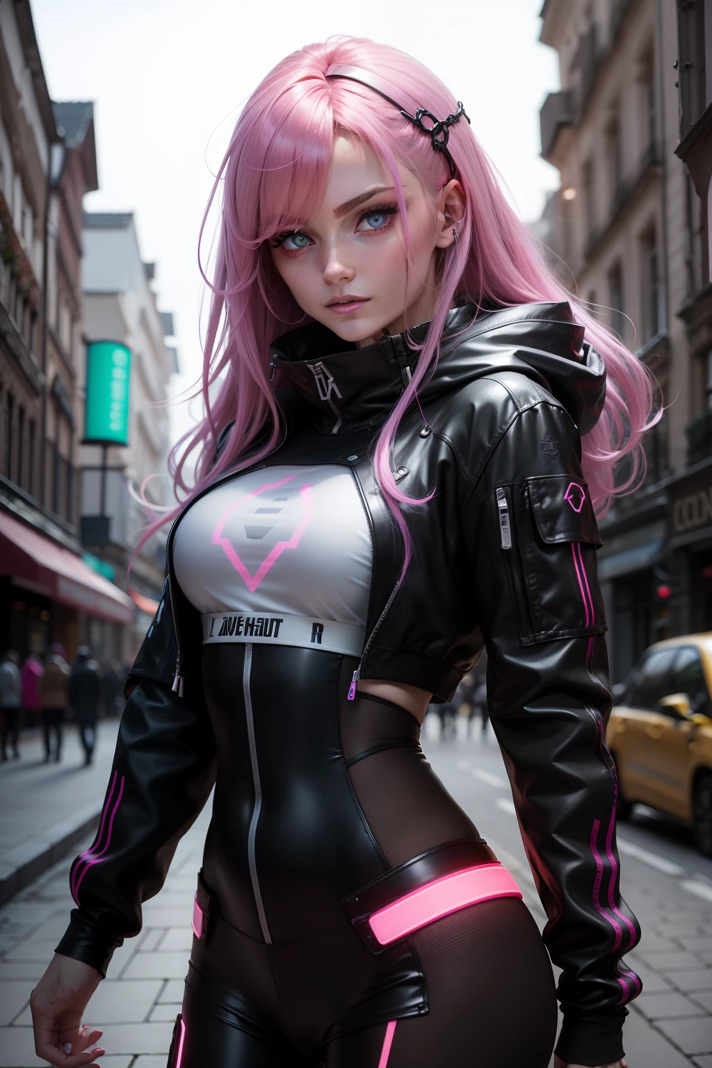 Zero Two Darling in the Franxx, 1 girl, Underboob, Small black semi see-through top, big breasts, erected pink nipples, bites bottom lip, Bunny pose, sexy pose, View from below, (((Black latex micro mini skirt ))) , smiling to the camera, stockings and garter belt, perfect body, We see her slim and tight, wet, pink hair, she is in a street Day Light Cyberpunk City, 8k, real skin, realystic, HDR, ultra resolution, light leaks