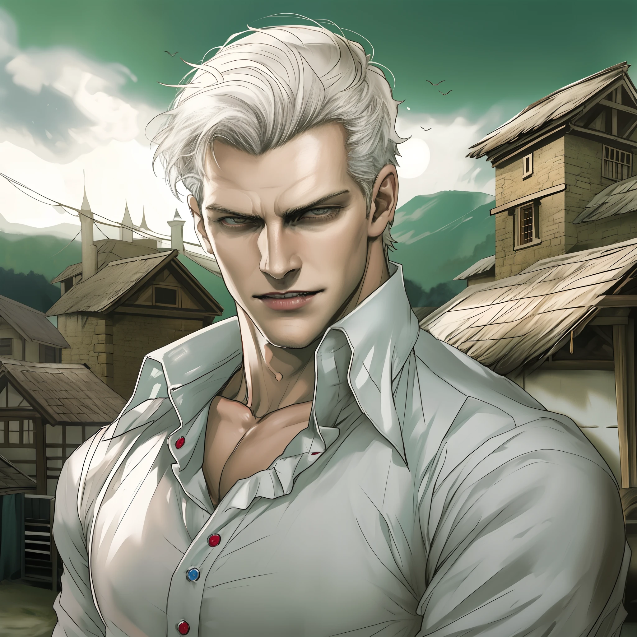 Albert Wesker, in a village, wearing a frilly white ruffled shirt, white hair, vampire teeth, high quality, portrait, close up,