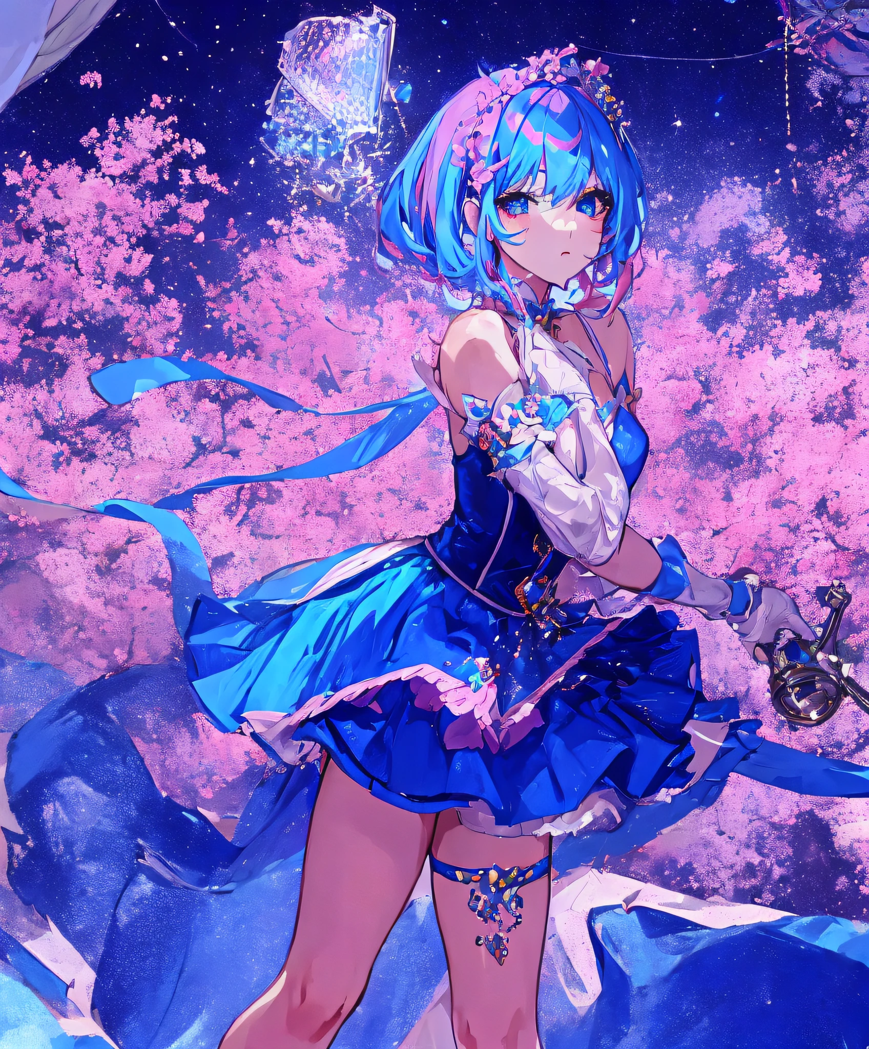 ((masterpiece), high definition), cat eared, blue and pink gradation haired, cat idol, short skirt, leggings, hand glove, microphone, audience, lighting lamp, sparkling, cute face, elegant costume, beautiful, sideview, looking at viewer