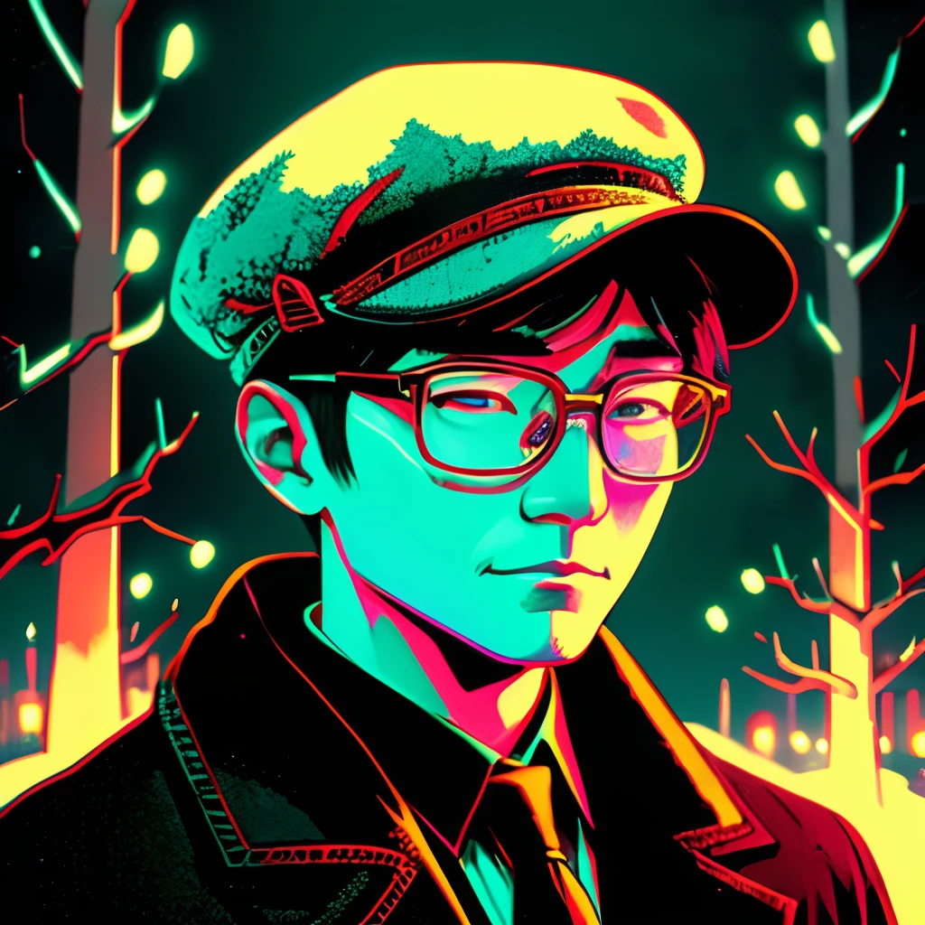 close-up portrait of short korean man with glasses, snowy, psychedelic, neon, glowing,  darkling, haunting, nightmarish, afterlife, thorns, flat cap gatsby, shadows