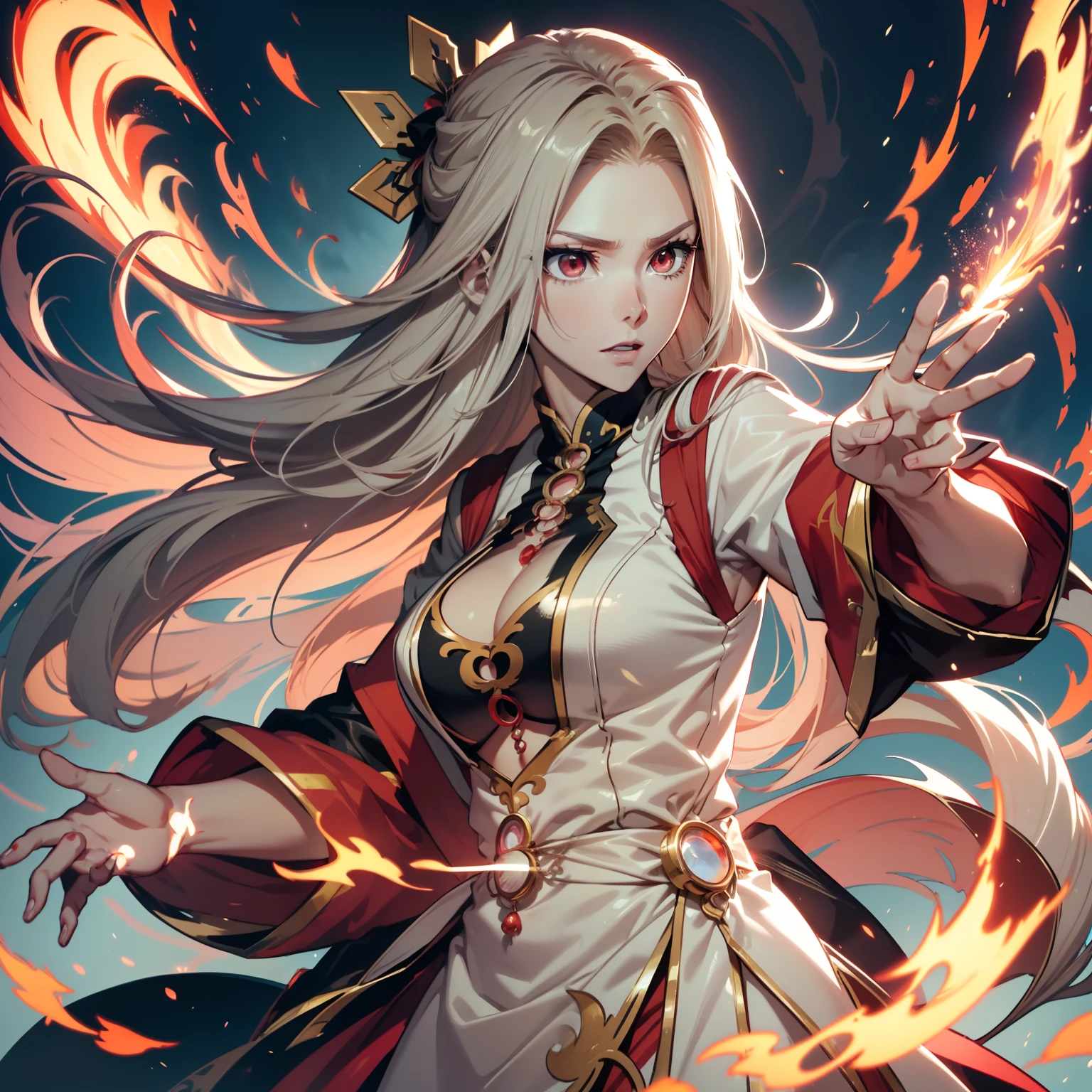 (Ultra-detailed, Perfect pixels, High salaried class, Best quality), 20 years old anime girl, nezha,Feng Shen List, a ball head, Gradient hair color, Magus, ((Red eyes)), Detailed eyes, Beautiful eyes, Chinese elemental battle robe, White shirt, ((Qiankun circle, Hot Wheels)), Costume dress, Beautiful, Ethereal, elegant, Prestigious, flaming background, Particle effect, smoke effect, 火焰, Lightning, Magic light, standing,Holding a flame spear in his hand,Step on the Flame Hot Wheel,There is a red hybrid Aya hanging from the body