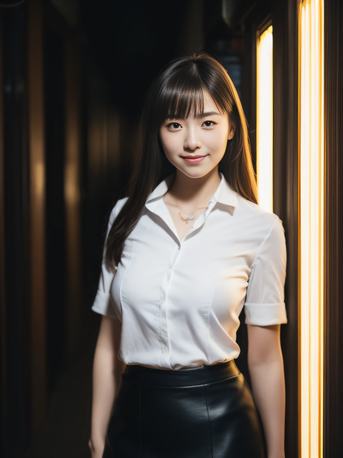 (Raw photo:1.2), (Photorealsitic:1.4), huge filesize, hight resolution, ighly detailed, top-quality, (masterpiece:1.6),(Hyper-realistic: 1.4), ighly detailed, nffsw, finely detail, top-quality, 8k wallpaper,People with Japan,((Girl with clear white skin)),、((((Full body shot:1.4))))、((Muscle Girl:1.3, Giant physique:1.3, thick neck:1.3, thick and strong arms:1.3, thick and powerful legs:1.3))、((large full breasts:1.4)),((Lori face:1.2))、Narrow eyes, cute face, Narrow eyes,((A smile))、((Sauvage、One-length))、((((White collared shirt、Black Pencil Skirt))))、((Stand at the end of a narrow alley in the middle of the night、A big city lined with neon-lit Western-style izakayas))、 (Realistic: 1.3), (Smooth lighting: 1.05), (Improved cinematic lighting: 0.9), Realistic lighting, Backlight, Face Light, raytrace, (Whitening light: 1.2), ( Top quality real skins: 1.4), (Body Line Mood Increase:1.1), (Skin Texture Enhancement Beauty:1.1),