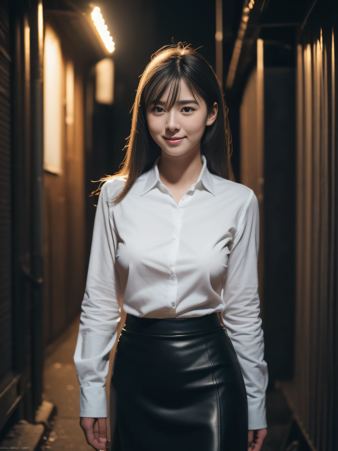 (Raw photo:1.2), (Photorealsitic:1.4), huge filesize, hight resolution, ighly detailed, top-quality, (masterpiece:1.6),(Hyper-realistic: 1.4), ighly detailed, nffsw, finely detail, top-quality, 8k wallpaper,People with Japan,((Girl with clear white skin)),17 age、((((Full body shot:1.4))))、((Muscle Girl:1.3, Giant physique:1.3, thick neck:1.3, thick and strong arms:1.3, thick and powerful legs:1.3))、((large full breasts:1.4)),((Lori face:1.2))、Narrow eyes, cute face, Narrow eyes,((A smile))、((Sauvage、One-length))、((((White collared shirt、Black Pencil Skirt))))、((Stand at the end of a narrow alley in the middle of the night、A big city lined with neon-lit Western-style izakayas))、 (Realistic: 1.3), (Smooth lighting: 1.05), (Improved cinematic lighting: 0.9), Realistic lighting, Backlight, Face Light, raytrace, (Whitening light: 1.2), ( Top quality real skins: 1.4), (Body Line Mood Increase:1.1), (Skin Texture Enhancement Beauty:1.1),