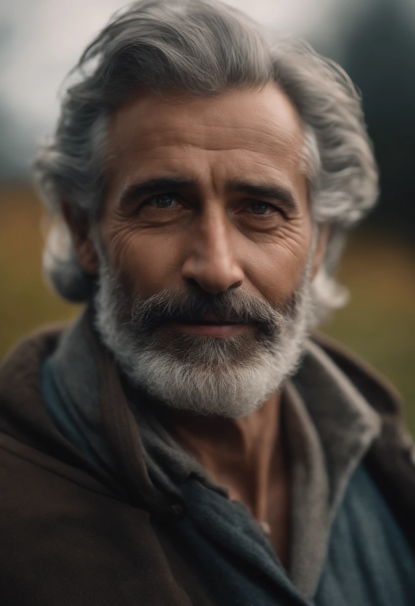 (best quality,4k,8k,highres,masterpiece:1.2),ultra-detailed,(realistic,photorealistic,photo-realistic:1.37),vivid colors,portraits,professional,father,loving eyes,strong jawline,grey hair and beard,crow's feet around eyes,wisdom,responsible,kind smile,gentle features,warm lighting,soft background,deep emotions,natural setting,deep connection,paternal love