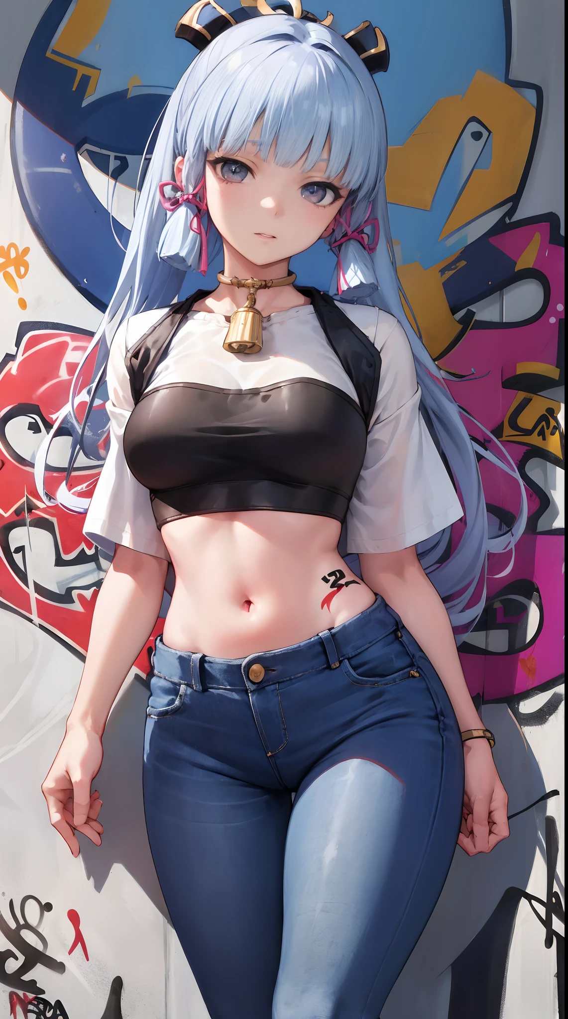kamisato ayaka|genshin impact, master-piece, bestquality, 1girls,25 years old, proportional body, elongated legs, Beautiful, proportional., crop top, Long Jeans, mediuml breasts, ,bara, crop top, choker, (Graffiti:1.5), Splash with purple lightning pattern., arm behind back, against wall, View viewers from the front., Thigh strap, Head tilt, bored,(NSTDA.:1.2), (10, beste-Qualit, master-piece: 1.4), Beautiful red hair, ultra-high resolution, (lifelike, photorealistic portrait: 1.48), 20 age, Cute Girl, (Looking Through Crop Tops.), Famous Japanese actors, beautiful clear eyes, Head tilt, cowboy shot, from the front, looking at the audience, expressionless, Beautiful lake, Zeiss 150mm F/ 2.8 Hasselblad, Whole body, foot, Ultra-Wide Angle,