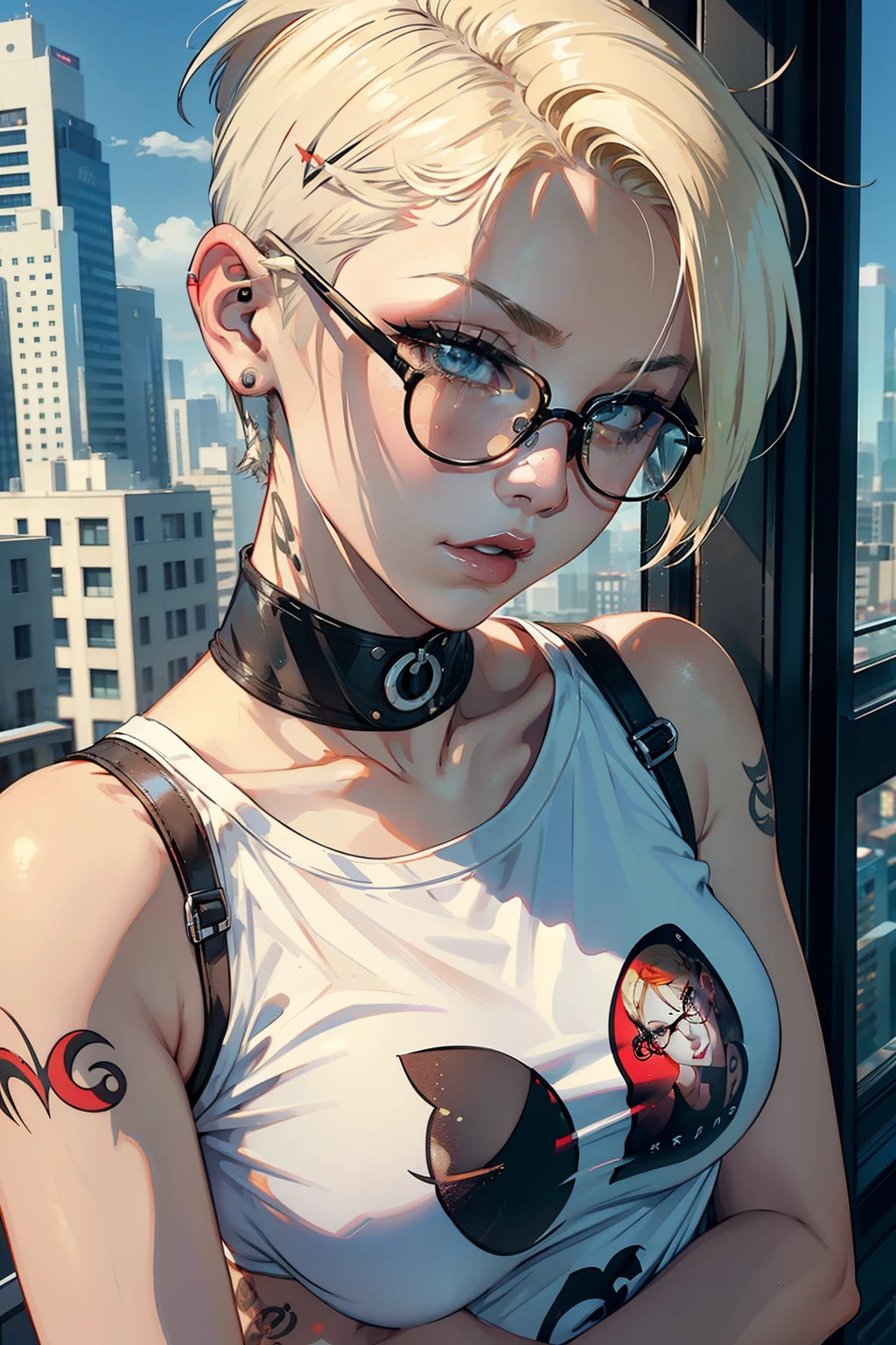 young woman, riley nixon haircut, shaved hair, blonde hair, very short hair, bald, white tank t-shirt shirt, red moon tattoo, right arm tattooed, wearing glasses, blonde hair, riley nixon haircut, lipstick Black, piercings on the face, on a skyscraper, Looking at the viewer, Storm city, 4k