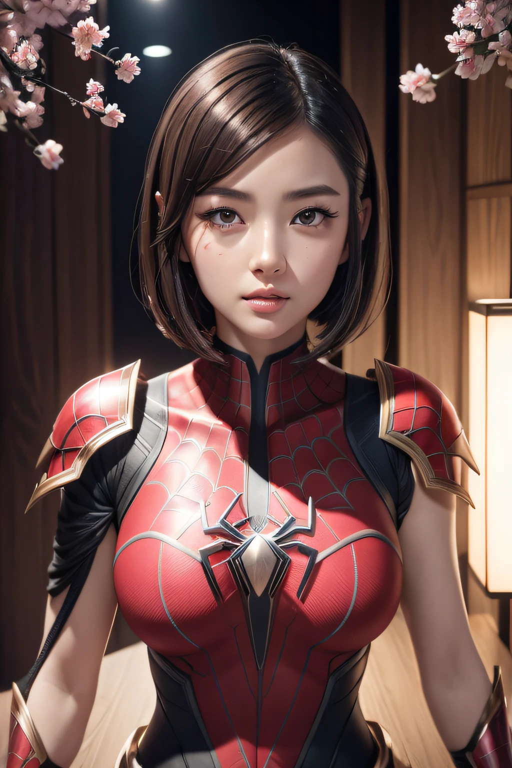 beautiful japanese young woman, wearing spiderman armor, thick symmetrical features, very short hair, background is cherry blossoms, pink aura, red lips, octane render,