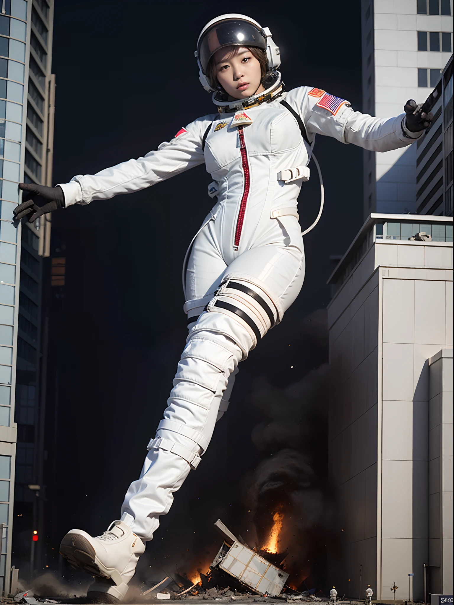((top-quality、in 8K、masterpiece:1.3、Raw photo))、Super high quality photos, In Ginza, Tokyo, Giant astronaut, ((Perfect beauty 20 year old idol Japan woman)), ((der riese)), highly detailed giantess shot、Giant Art、der riese、highly detailed giantess shot、Giant Shot、a macro giantess, ((der riese))、((White color spacesuit)), ((slim figure)), ((slim legs)), ((slim thigh)), Demolish a building、 ((Astronauts destroy the city)), ((Perfect beauty 20 year old idol Japan woman)), (Photorealistic: 1.4), (Ultra-high detail), (hyper realisitic: 1.4), (Realistic: 1.3), (Smooth lighting: 1.05), ((Wear a white spacesuit)), Full body, ((der riese)), (nffsw), Size difference, ((Astronauts destroy the city)), (rampage:1.4), 1girl in, Solo, (Japanese actressl), 20yr old, Astronauts demolish a building, cinematlic lighting, ((slim figure)), ((Leaner figure)), Clouds clouds in clear sky, GTScity, Cityscape, mountain ranges, Good anatomy, Correct anatomy, Trampling the city, Stomping City,space astronaut, Trampling the city, In Ginza, Tokyo, Small person at the foot々is running away、Tear down a building、((Burning building))、((Perfect beauty 20 year old idol Japan woman)), ((Nipples protruding under the spacesuit)), ((slim figure)), ((Attacked by many military aircraft))、 ((slim legs)), ((slim thigh)), ((Camel toe)), ((White color spacesuit)), ((Destroy the tank)), ((Destroying military aircraft)),((Perfect beauty)),((Wearing a helmet)),