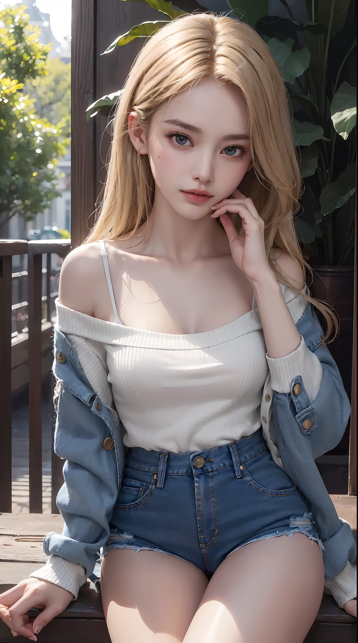 (Best Quality, Masterpiece:1.3), Illustration, ((Beautiful detailed face)), beautiful detail skin, intriciate detail, The ultra-detailliert, Best image quality in 8K, Real Image () (24-year-old female model:Sweaters, Denim shorts) (Small breasts), , () , , (perfect fingers) , , Park Background , , Gold-haired , , ((Very delicate glowing skin))