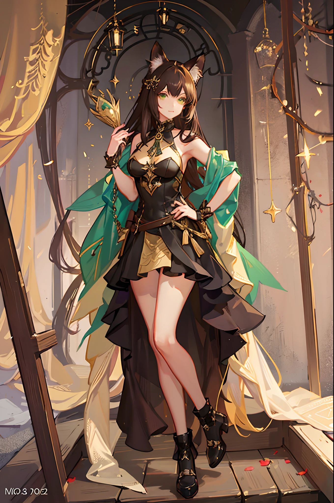 1girl, fox ears, fox tail, fox girl, dark brown hair, green eyes, divine, sexy, mature woman, expensive dress, rich, highly detailed, masterpiece,
