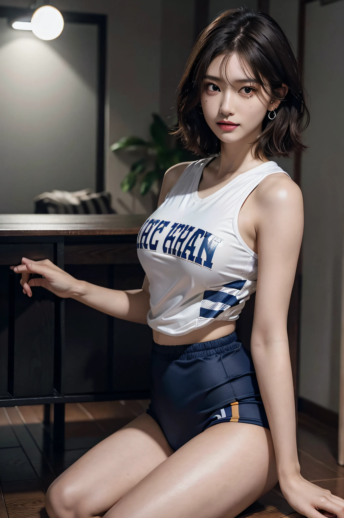 RAW photo, extremely delicate and beautiful, masterpiece, Best Quality, ultra high resolution, 16k, hyperrealistic, ultra-detailed, Very detailed CG 8k wallpaper, Beautiful Lighting, Perfect Lightning, Realistic Shadows, perfect anatomy, super Detailed shiny skin, perfect figure, Japanese woman, late 20s, very Slim body, narrow waist, very small head, handsome detailed woman, very detailed eyes and face, realistic face proportions, Stunning detailed eyes, Realistic beautiful face, very small face, Realistic small beautiful eyes, double eyelids, makeup, tearful mole, mole on chest, earring, bare legs, beautiful and very thin legs, beautiful and very thin thighs, Soft midriff, ((very huge round breasts)), ((full body shot)), (short hair), wavy hair, ((volleyball uniform)), sleeveless,@middle-valley