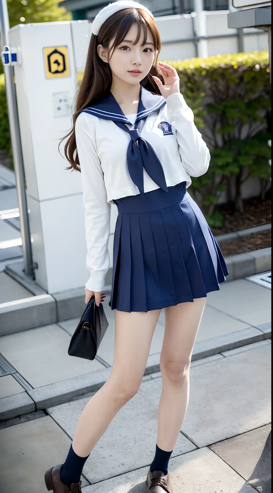 ((Top Quality, 8k, Masterpiece: 1.3)), Sharp Focus: 1.2, Perfect Body Shape Pretty High School Girl: 1.4, Slim Abs: 1.2, ((Black Hair Layered Haircut, Beautiful: 1.2)), (White Sailor School Uniform: 1.5), City, Highly Detailed Face and Skin Texture, Detailed Eyes, Smile, Bangs, Baby Face, (Super Cute Face: 1.5), Nogizaka 46, AKB48, 16 years old, Neat, ( Lover's Perspective), (Beautiful Legs), Energetic, Navy Blue Uniform Skirt, Slim Figure, Constricted Waist, ((Short Sleeves)), Confession, Eyes in Love,