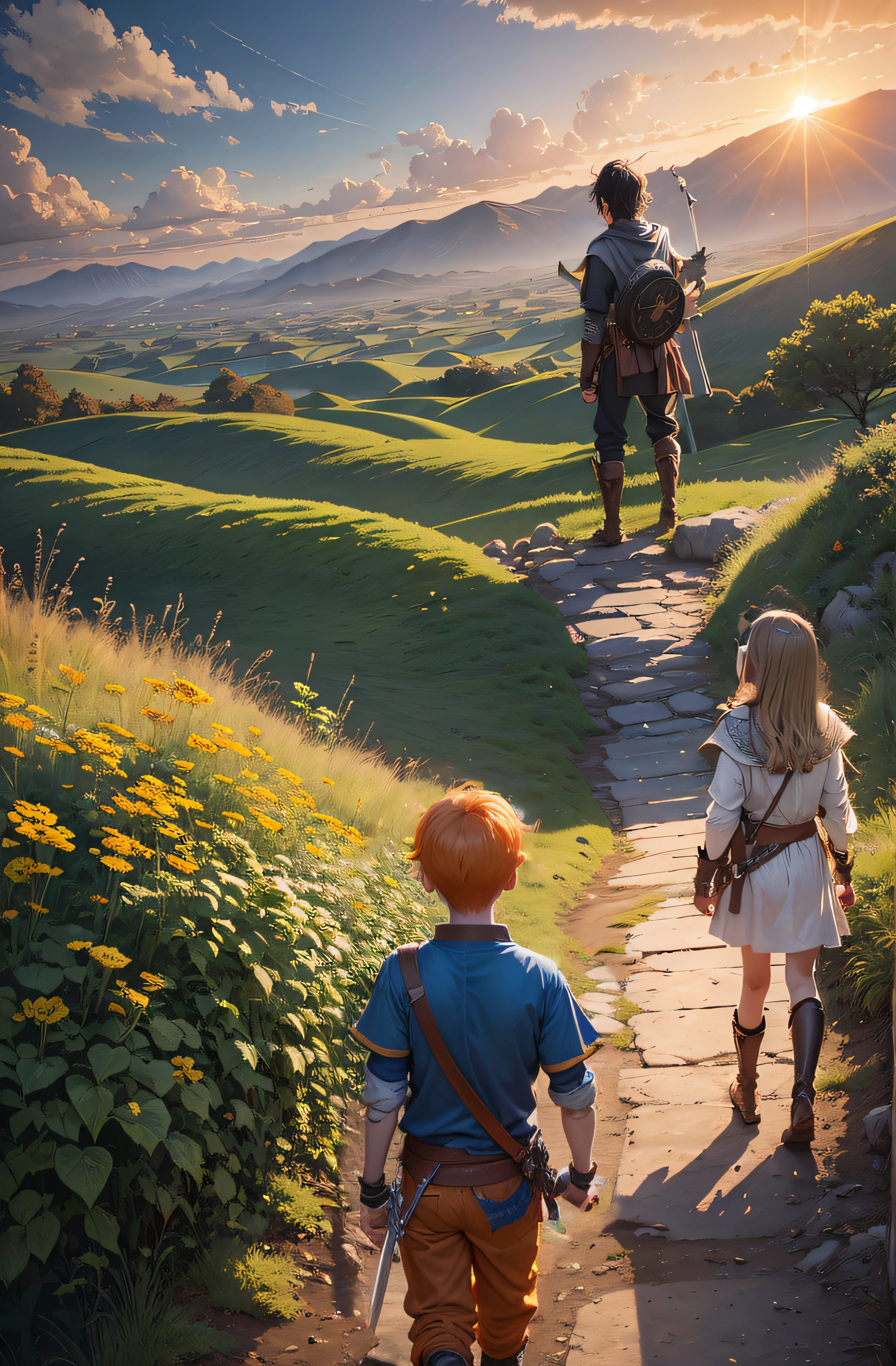 Draw a boy with orange hair, blue medieval shirt, sword on his left hip, facing forward
