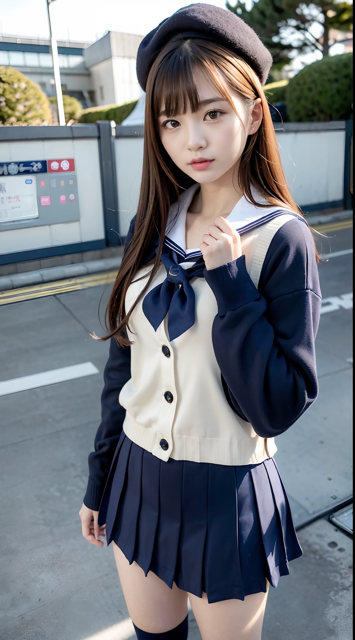 mix4, (16 K, Raw photography, Top image quality, masterpiece: 1.45), (realisitic, Photorealsitic: 1.37), one girls, 7.5, etc、Random hairstyle、Standing figure,Daytime、a very cute,Inside the school building,, profetional lighting, photon maping、physically-based renderingt, Gradient dark brown hair,Crisp backgrounds and high resolution, a handsome, Well-groomed and beautiful eyes、Large double eyelids、Very shiny、girl with, (((student clothes、Winter clothes、Sailor suit worn by Japan schoolgirl、Navy blue sailor color、scarf、a miniskirt, Small beret、high socks、lowfers、Frugal bag))), Top Quality Photos, hight resolution, 1080p, (clearface), (Detailed face description), (Detailed hand description), (masterpiece), (Exquisite CG)、extreme light and shadows、dishevled hair、master work、abundant detail、(Fine facial features)、(top quality photo)、(masuter piece)、(A detailed eye)、Look in front of you、Fine clavicle、((Slender big))、(((Japan schoolgirl in sailor suit)))、((Idle system))、((school classrooms、chalk board、desk and chair、Window side))、(((neat and cute)))、耳Nipple Ring、A big smile、Drawing the whole body from the knees、Do not draw nasolabial folds、(((Long sleeve sailor suit)))、(Big breasts that hang down big:1.2)、Big buttocks with tension、Two arms and two legs、(((from the front side:0.3)))、bare hand、No mask、No skin exposure