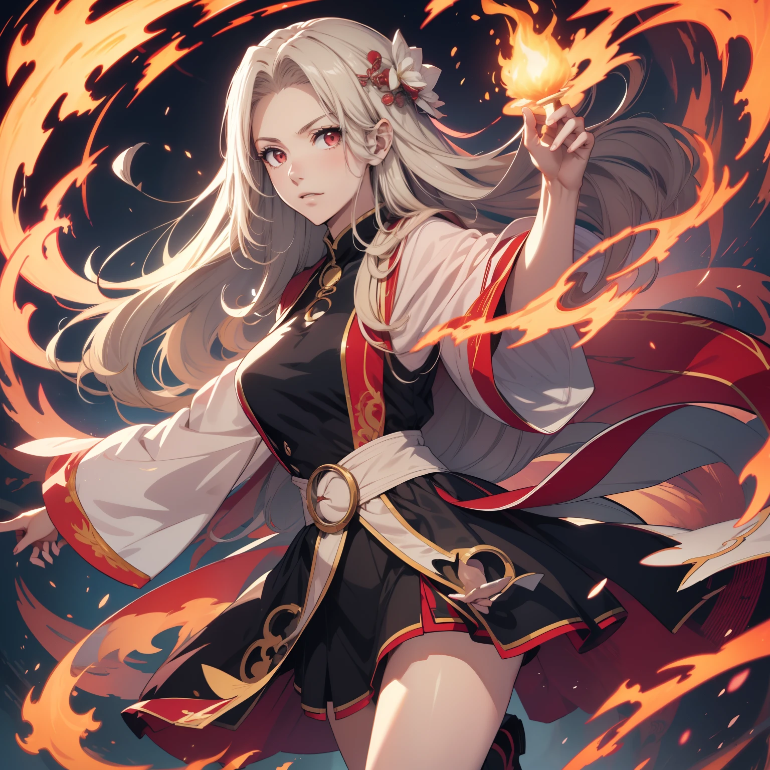 (Ultra-detailed, Perfect pixels, High salaried class, Best quality), 20 years old anime girl, Smooth anime art style, Ball head, Gradient hair color, Magus, ((Red eyes)), Detailed eyes, Beautiful eyes, Chinese elemental battle robe, White shirt, ((Qiankun circle, Hot Wheels)), Black skirt, nobles, noble attire, Beautiful, Ethereal, elegant, Prestigious, flaming background, Particle effect, smoke effect, 火焰, Lightning, Magic light, standing,Holding a flame spear in his hand,Stepping on the Flame Hot Wheel,There is a red mixed sky aya hanging on his body