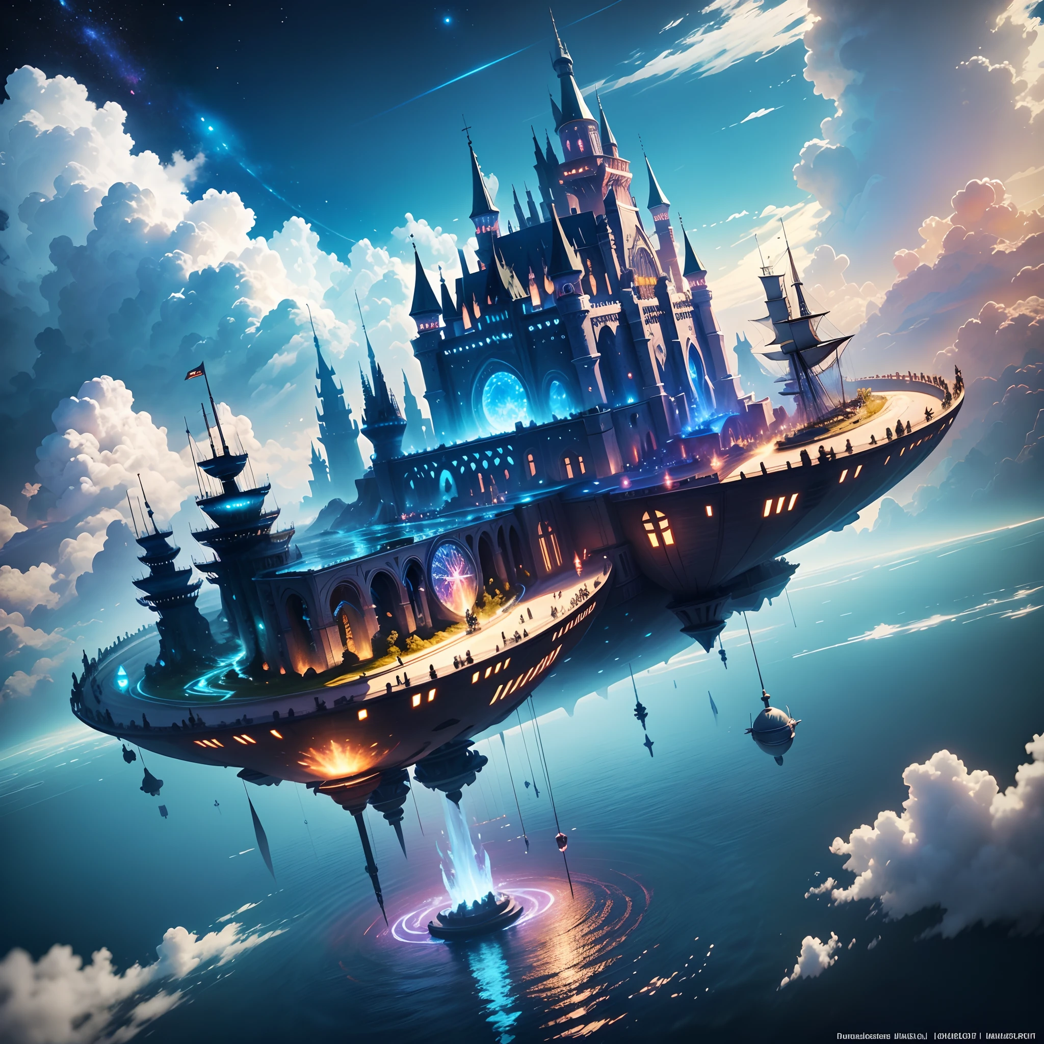 Space Magic Week, Magic concept art highlights, Vernadskys intellectual circle, The castle of Europe in the sky is built on a mobile mechanical spaceship in a cyberpunk concept,Spaceships are the technology of the future,Tail light column jet,Can move around freely,metaverse concept art, Ocean of Magic, Mobile floating city in the cloud, Galactic fighter, Huge floating moving castle, a digital dreamscape, Magic fantasy 3D concept art, Amazing concept art ,Warm pigment,Bright colors,Bright light,Extreme refinement,Masterpiece,8k,tmasterpiece --v 6