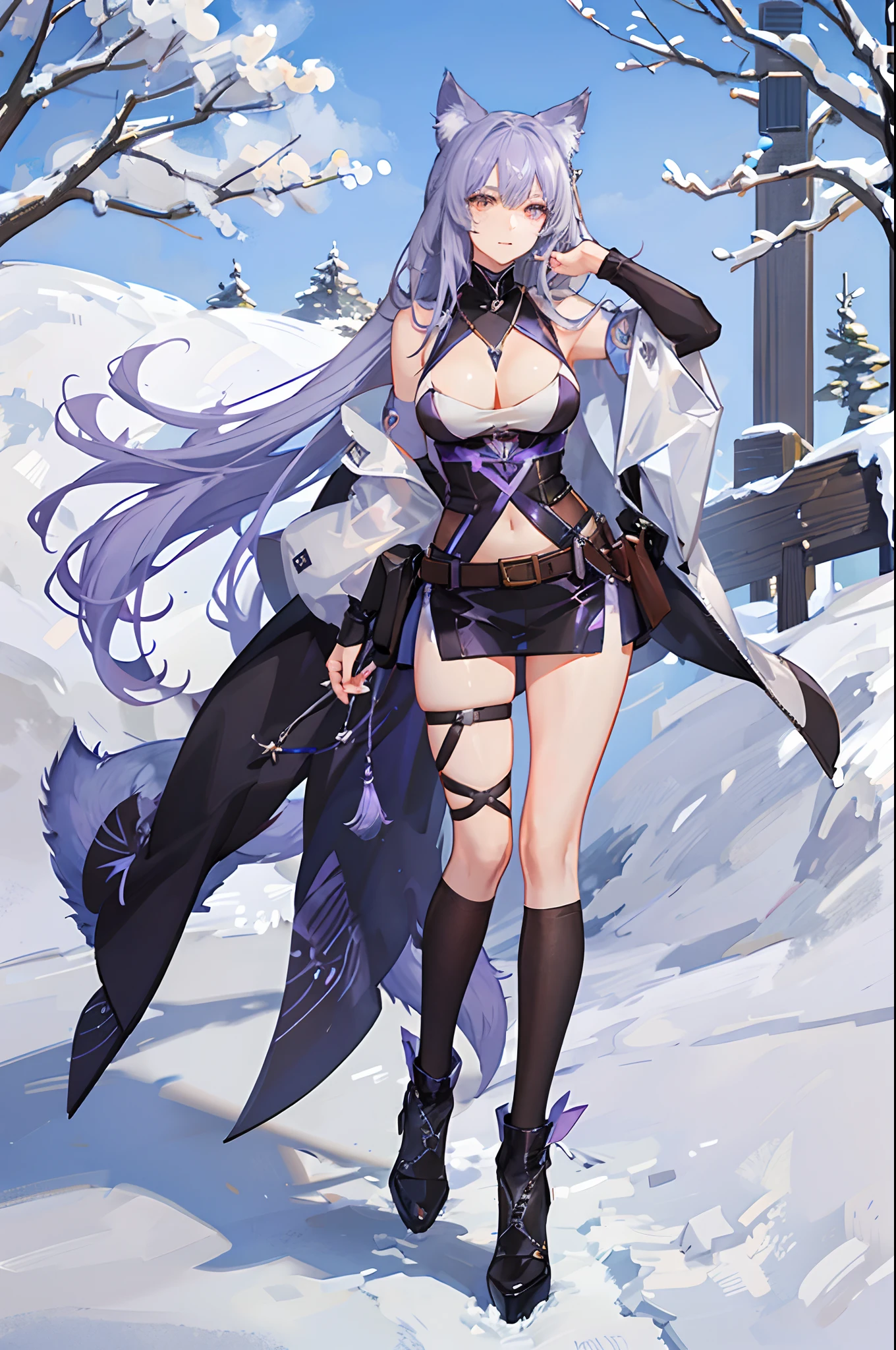 one woman, wolf girl, wolf ears, wolf tail, violet hair, strong, firm body, thick thighs, big breasts, muscular arms, casual clothes, sfw, sexy, full body, masterpiece, highly detailed, tall woman,