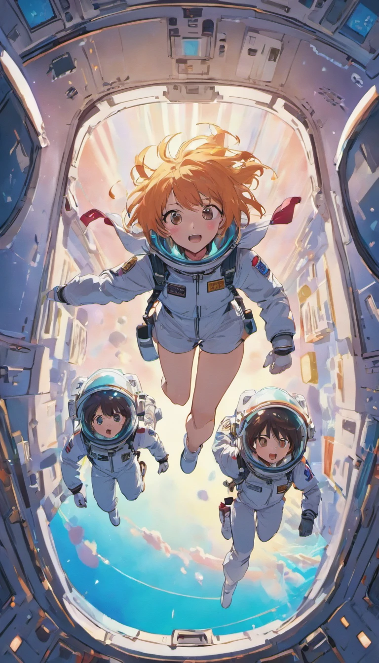 Astronauts in bomber jackets jump in zero gravity