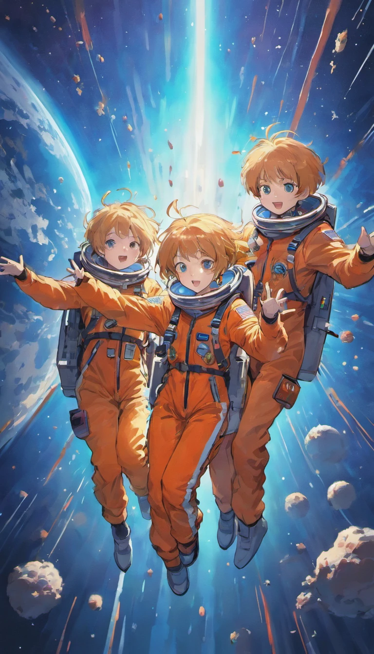 Astronauts in bomber jackets jump in zero gravity