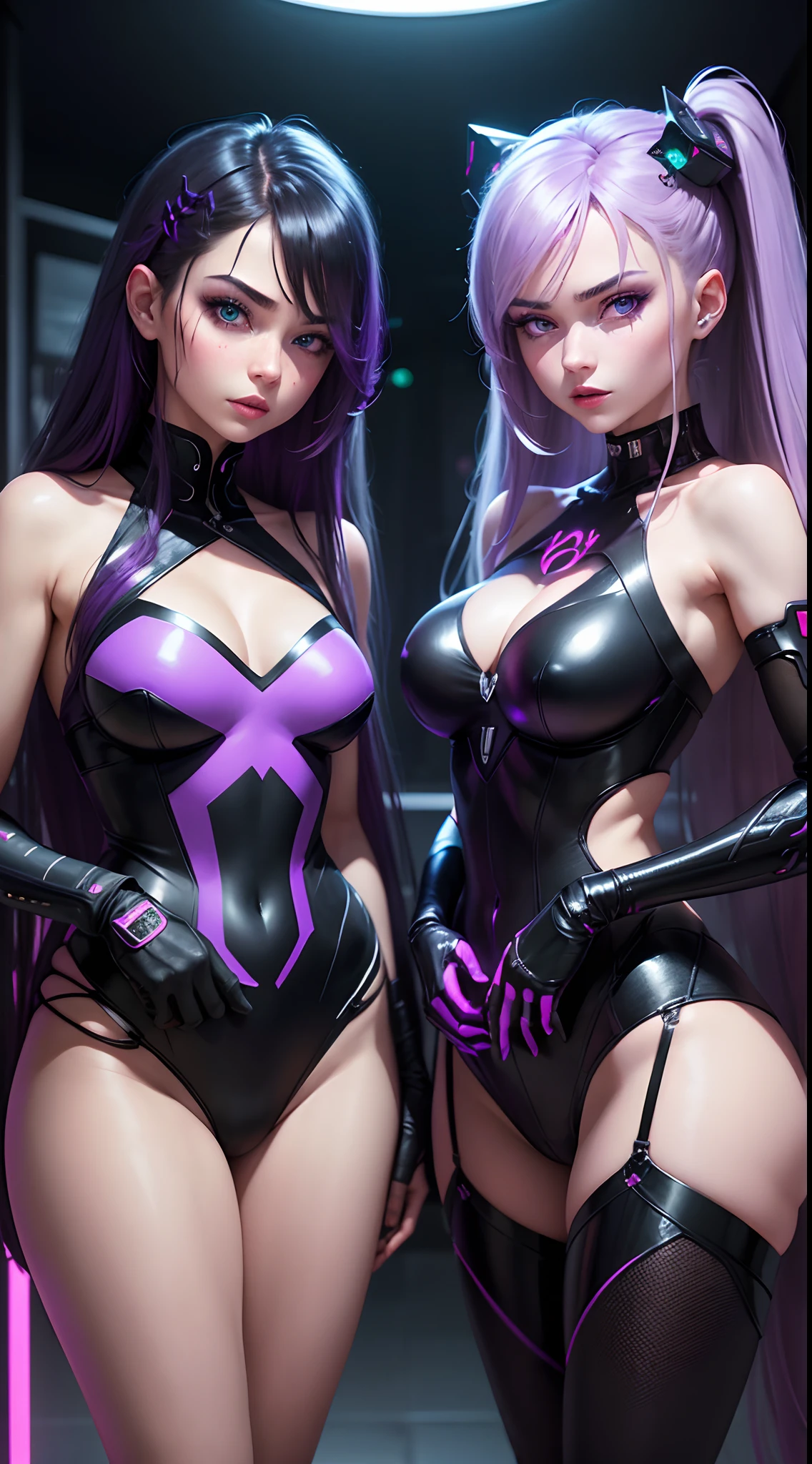 Create an extraordinary 8K masterpiece featuring the face portrait of two 18-year-old stern anime girls. The first girl has striking blue eyes and long, two-toned light lavender purple hair. The second girl has deep dark emerald green eyes and two-toned black hair. They should both exude a gamer girl aesthetic and be dressed in red outfits with black gloves. Their makeup, including red lipstick, eyelashes, and ultra-detailed eyes, should be absolutely flawless. Pay meticulous attention to the ultra-detailed faces, lips, and unique hair intakes. Their very long hair should be a key feature in this portrait, and cinematic lighting should accentuate their features. Position the characters within a room bathed in light purple neon lights, creating a cyberpunk-inspired ambiance. The room should have a purple cyberpunk theme to it. The neon lights should create a blurred background effect that enhances the overall atmosphere. Make sure their eyes emit a captivating glow, aligning with the gamer theme. The final result should be a true 8K masterpiece, emphasizing amazing details in this face portrait. It should capture the essence of two unique and stern anime gamer girls while focusing solely on their faces. Only purple neon lights room. Dark room with neon purle light
