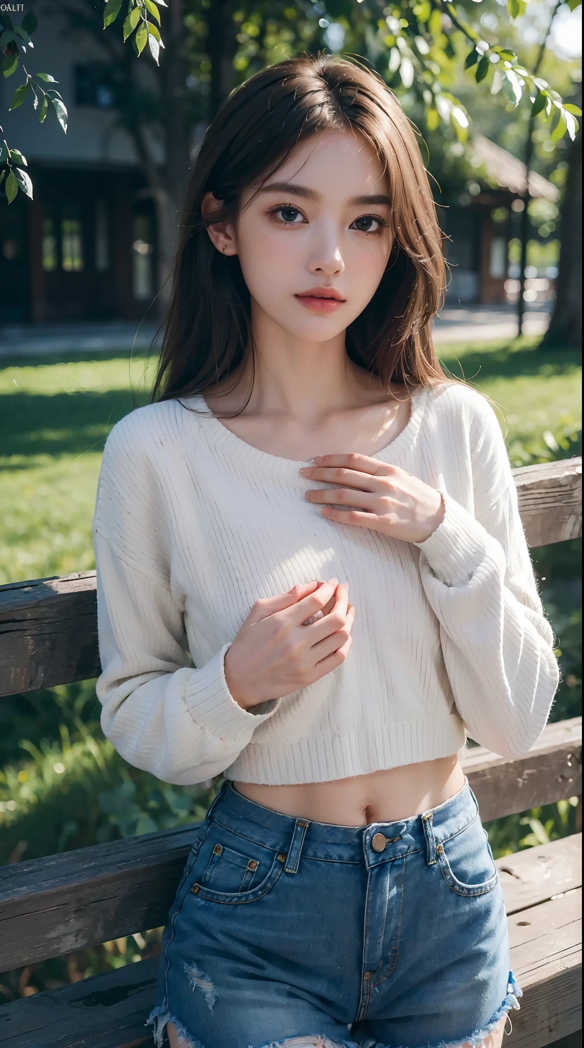 (Best Quality, Masterpiece:1.3), Illustration, ((Beautiful detailed face)), beautiful detail skin, intriciate detail, The ultra-detailliert, Best image quality in 8K, Real Image () (24-year-old female model:Sweaters, Denim shorts) (Small breasts), , () , , (perfect fingers) , , Park Background , , Gold-haired , , ((Very delicate glowing skin))