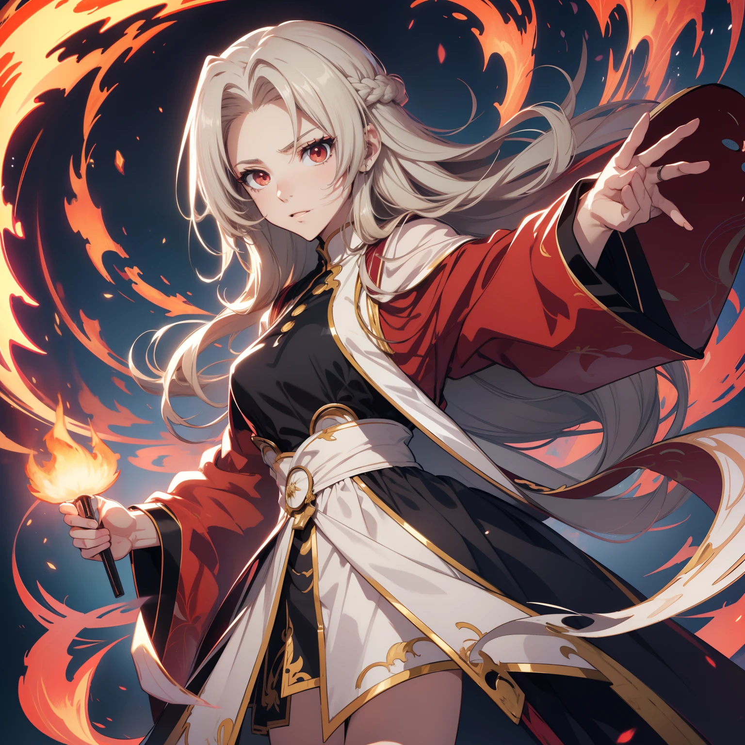 (Ultra-detailed, Perfect pixels, High salaried class, Best quality), 20 years old anime girl, Smooth anime art style, Ball head, Gradient hair color, Magus, ((Red eyes)), Detailed eyes, Beautiful eyes, Chinese elemental battle robe, White shirt, ((Qiankun circle, Hot Wheels)), Black skirt, nobles, noble attire, Beautiful, Ethereal, elegant, Prestigious, flaming background, Particle effect, smoke effect, 火焰, Lightning, Magic light, standing，Holding a flame spear in his hand，Stepping on the Flame Hot Wheel，There is a red mixed sky aya hanging on his body