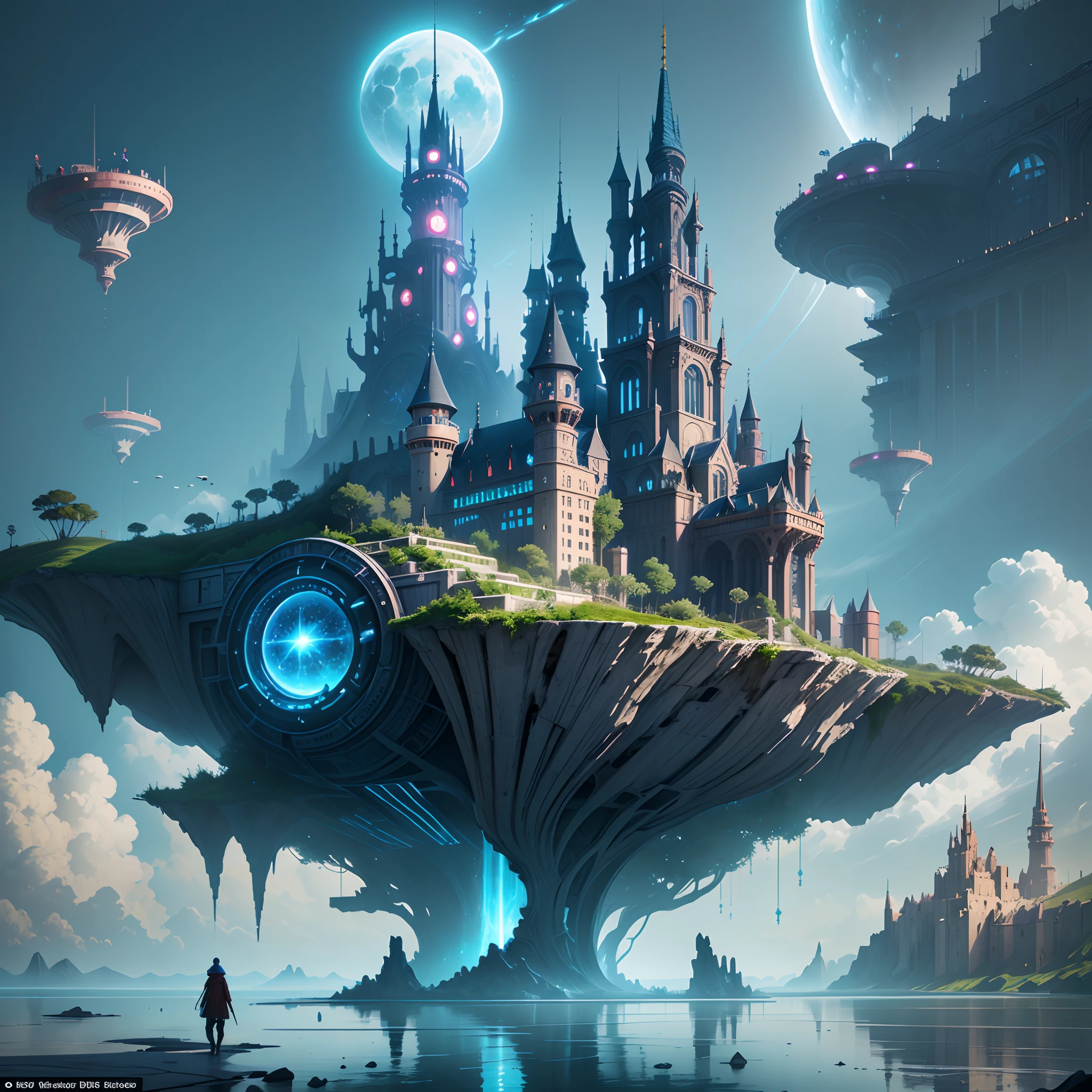 Space Magic Week， Magic concept art highlights， Vernadskys intellectual circle， The castle in the sky is built on a mobile mechanical spaceship of cyberpunk concept，Spaceships are the technology of the future，Tail disc light column jet，Can move around freely，metaverse concept art， Ocean of Magic， Mobile floating city in the cloud， Galactic fighter， Huge floating moving castle， a digital dreamscape， Magic fantasy 3D concept art， Amazing concept art --v 6