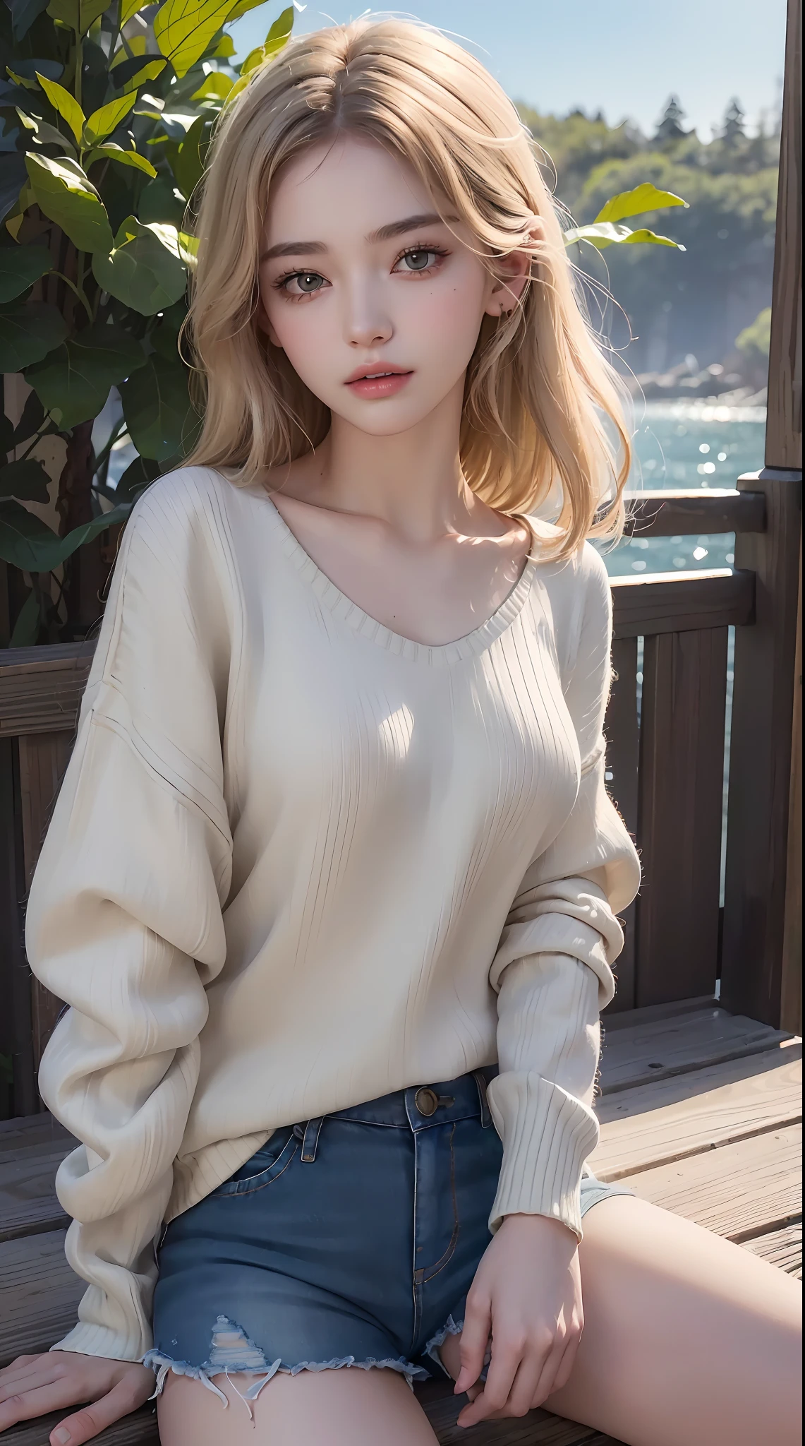 (Best Quality, Masterpiece:1.3), Illustration, ((Beautiful detailed face)), beautiful detail skin, intriciate detail, The ultra-detailliert, Best image quality in 8K, Real Image () (24-year-old female model:Sweaters, Denim shorts) (Small breasts), , () , , (perfect fingers) , , Park Background , , Gold-haired , , ((Very delicate glowing skin))