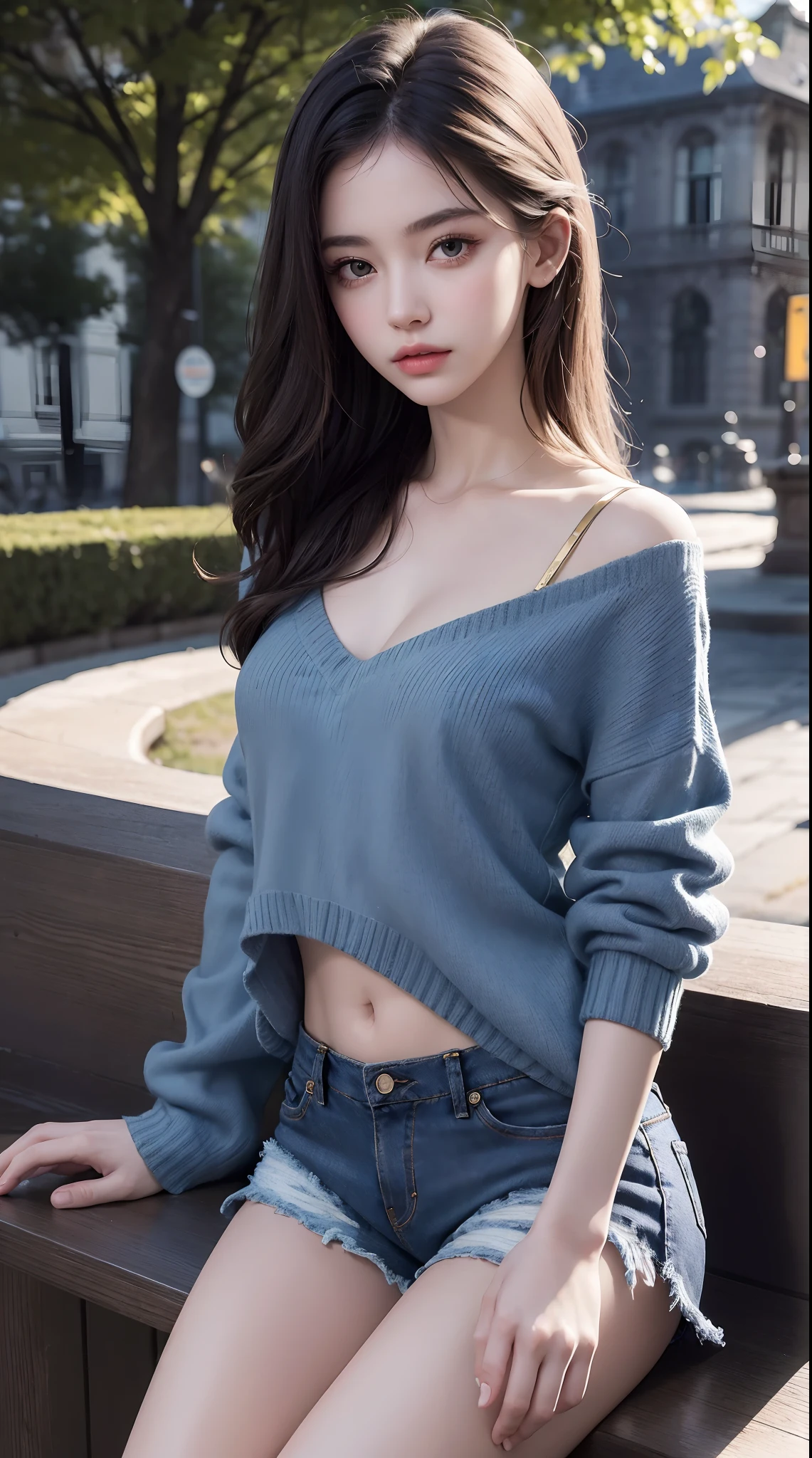 (Best Quality, Masterpiece:1.3), Illustration, ((Beautiful detailed face)), beautiful detail skin, intriciate detail, The ultra-detailliert, Best image quality in 8K, Real Image () (24-year-old female model:V-neck sweater, Denim shorts) (Small breasts), , () , , (perfect fingers) , , Park Background , , Gold-haired , , ((Very delicate glowing skin))
