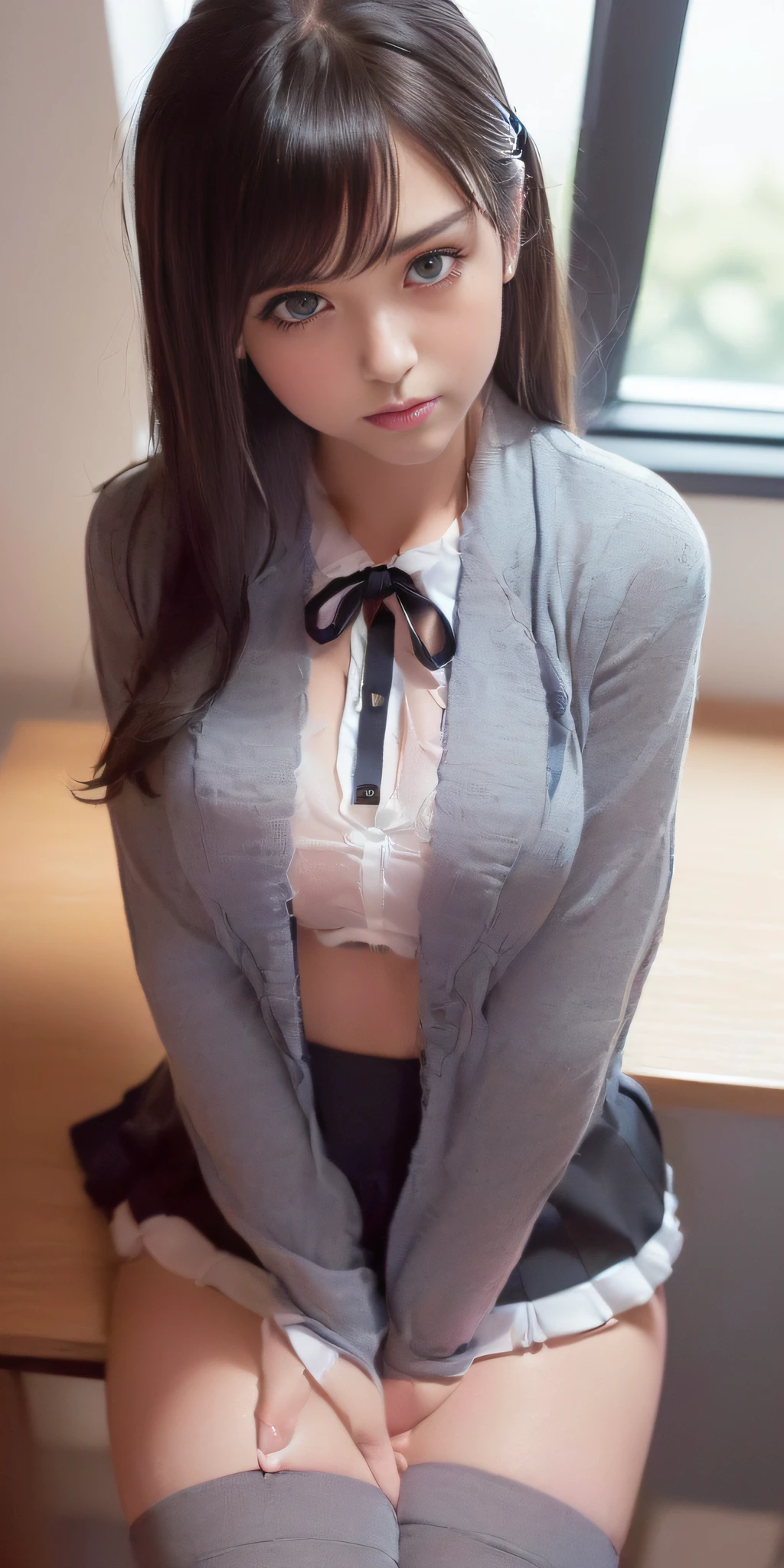 ((Random view, American shot, real, Realistic woman style, (Blue-eyed Hungarian), 18 years old girl, ((Gray blazer, ribbon, Navy blue short folded mini skirt, Mid-thigh socks)), University classroom , Beautiful detail in the eyes, (beautiful eyes) Light on the face, (((Intricate details))), Especially strong light, (Upper eyes, coy smile), shiny skin, (((Black hair color))) , (medium thighs), ulzzang-6500-v1.1: 0.2, bashful, (Flash: 1.2), NSFW, ((seductive pose: 1.2, attractiveness: 1.2)), (Sitting at desk), ((Thin complexion and perfect body), Bright and refreshing classroom, Cute and symmetrical face, Natural side lighting, RAW photos, Superior quality, Masterpieces, High Definition RAW color photos professional close-up photos, (realistic, Photorealism: 1.1), (highest qualityr), (High contrast light shadows), (Best illustrations), (erotic, sexy, ultra-high-resolution, HD unified CG wallpapers, Physical representation, movie lighting), Canon EOS R50 camera with 50mm lens))