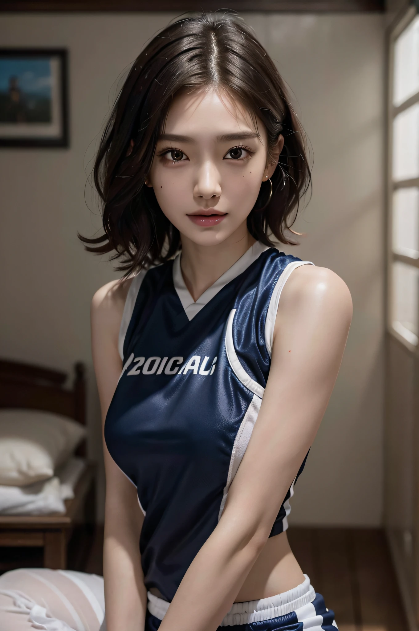 RAW photo, extremely delicate and beautiful, masterpiece, Best Quality, ultra high resolution, 16k, hyperrealistic, ultra-detailed, Very detailed CG 8k wallpaper, Beautiful Lighting, Perfect Lightning, Realistic Shadows, perfect anatomy, super Detailed shiny skin, perfect figure, Japanese woman, late 20s, very Slim body, narrow waist, very small head, handsome detailed woman, very detailed eyes and face, realistic face proportions, Stunning detailed eyes, Realistic beautiful face, very small face, Realistic small beautiful eyes, double eyelids, makeup, tearful mole, mole on chest, earring, bare legs, beautiful and very thin legs, beautiful and very thin thighs, Soft midriff, ((very huge round breasts)), ((full body shot)), (short hair), wavy hair, ((volleyball uniform)), sleeveless,@middle-valley