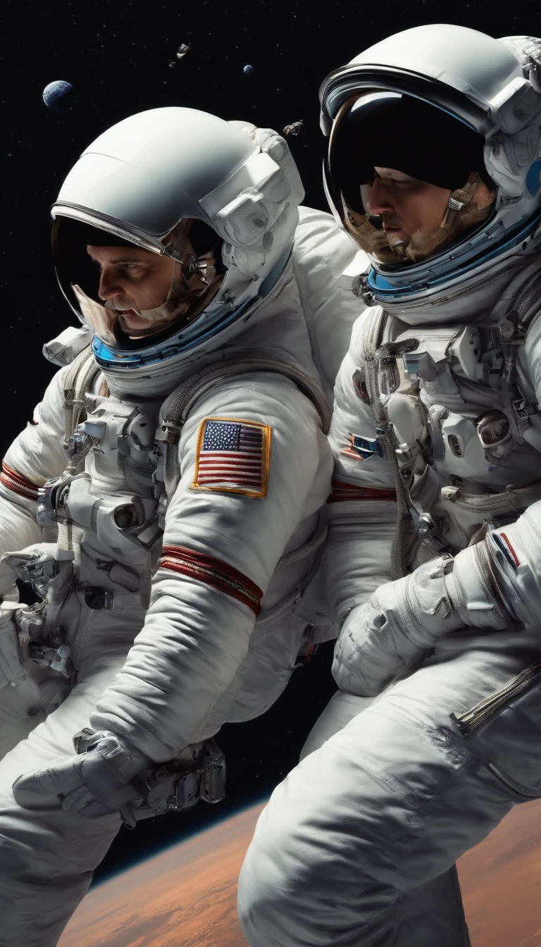 Astronauts in bomber jackets jump in zero gravity