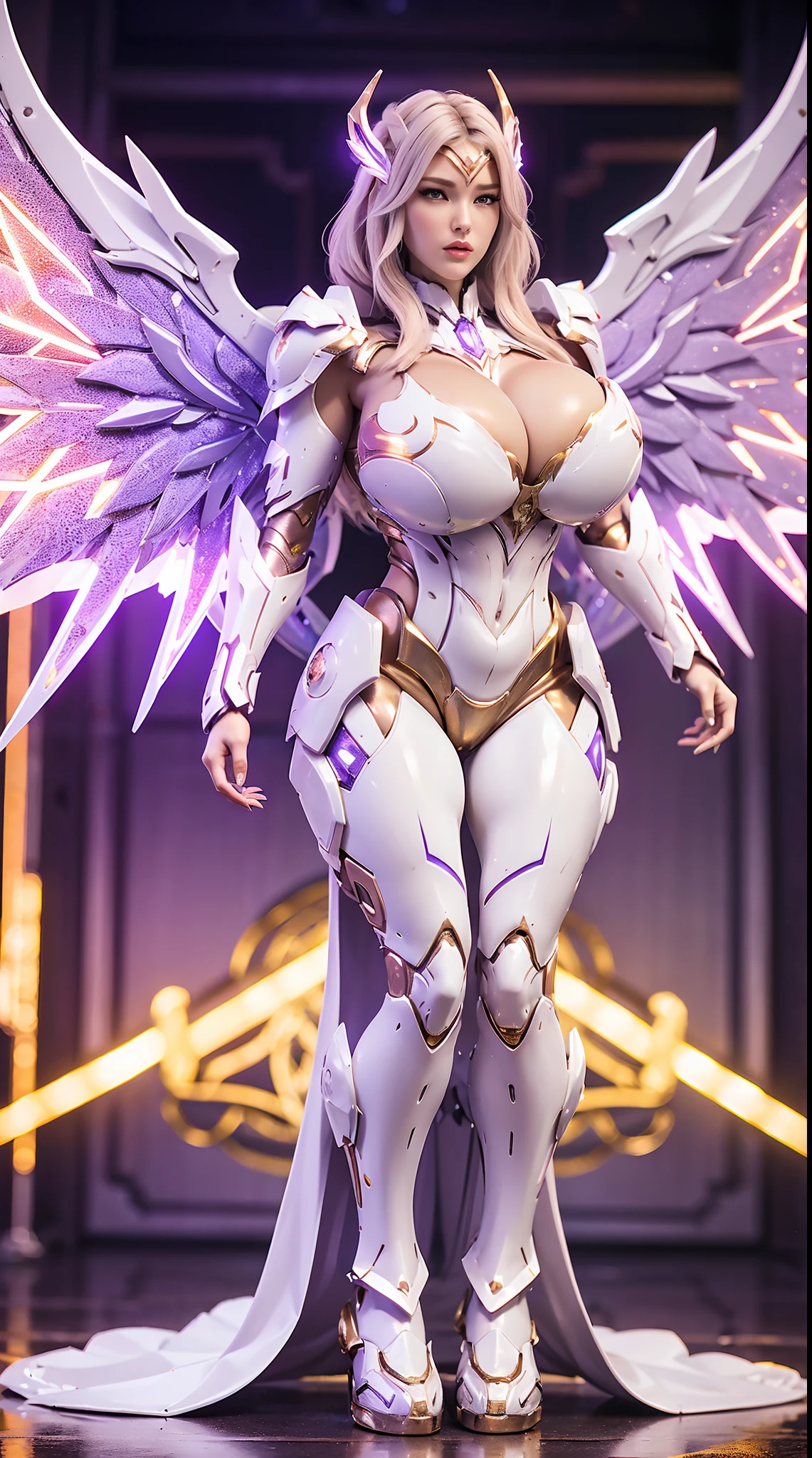 A WOMAN, BEAUTIFULL FACE, HUGE BOOBS, RGB, WHITE, GOLD, PURPLE, MECHA ARMOR FULL GEAR, (SUIT), (CLEAVAGE), (A PAIR LARGEST WINGS), (FULL BODY:1), TRANSPARANT, TALL LEGS, STANDING, SEXY BODY, MUSCLE ABS.