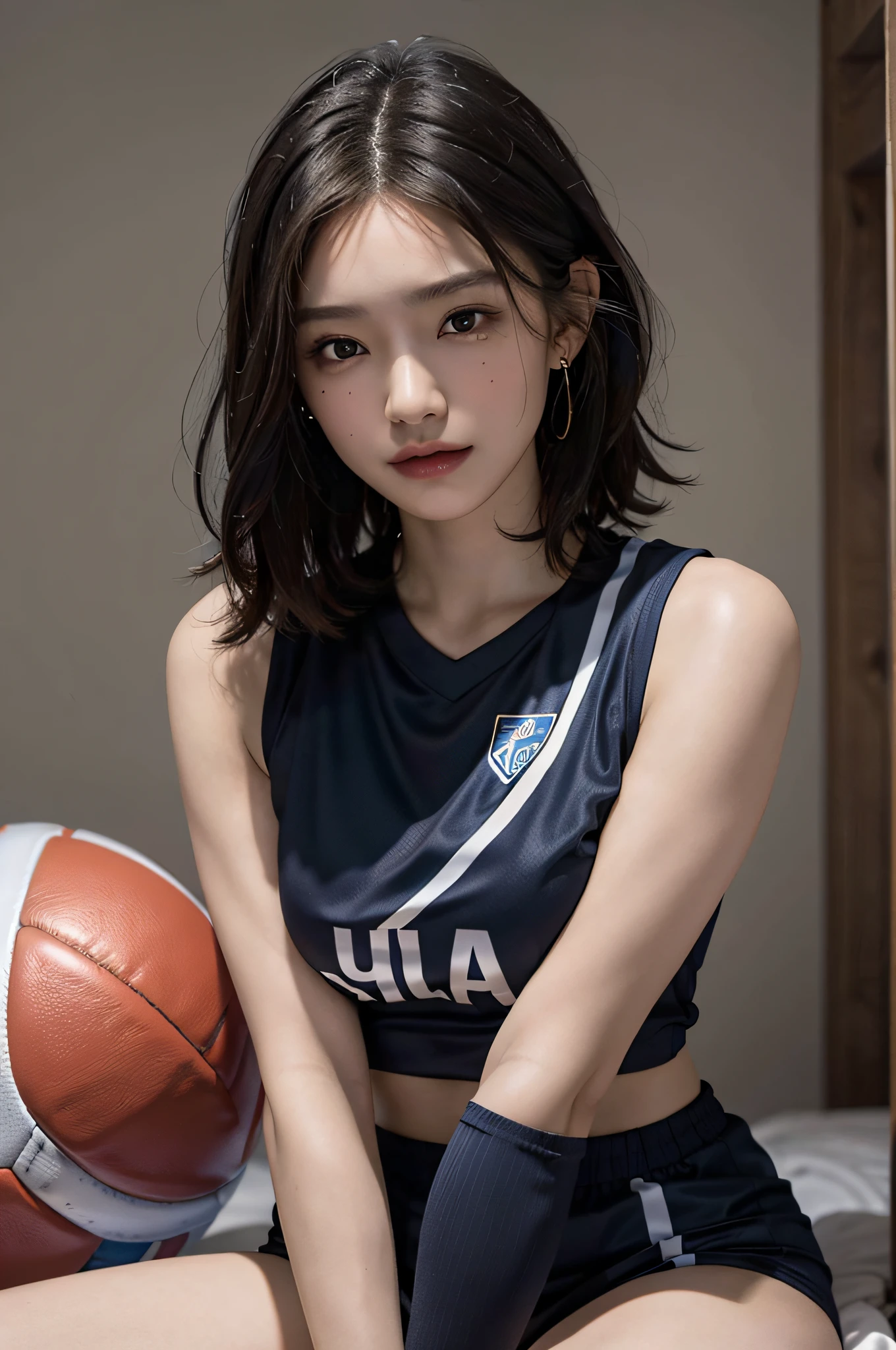 Young sensual Japanese woman、K-POPアイドルみたい、(Half-open eyes、Open your mouth wide、Climax expression)、on the white sheets、Sleep on your back、(Beach Volleyball Uniforms)、A well-trained and flexible body、Delicate white skin、Long, slender legs、(Sweaty body)、alone、(Beautiful and accurate depiction of fingers)、(The lower half of the body is not reflected, but、Part of her spread legs are visible)