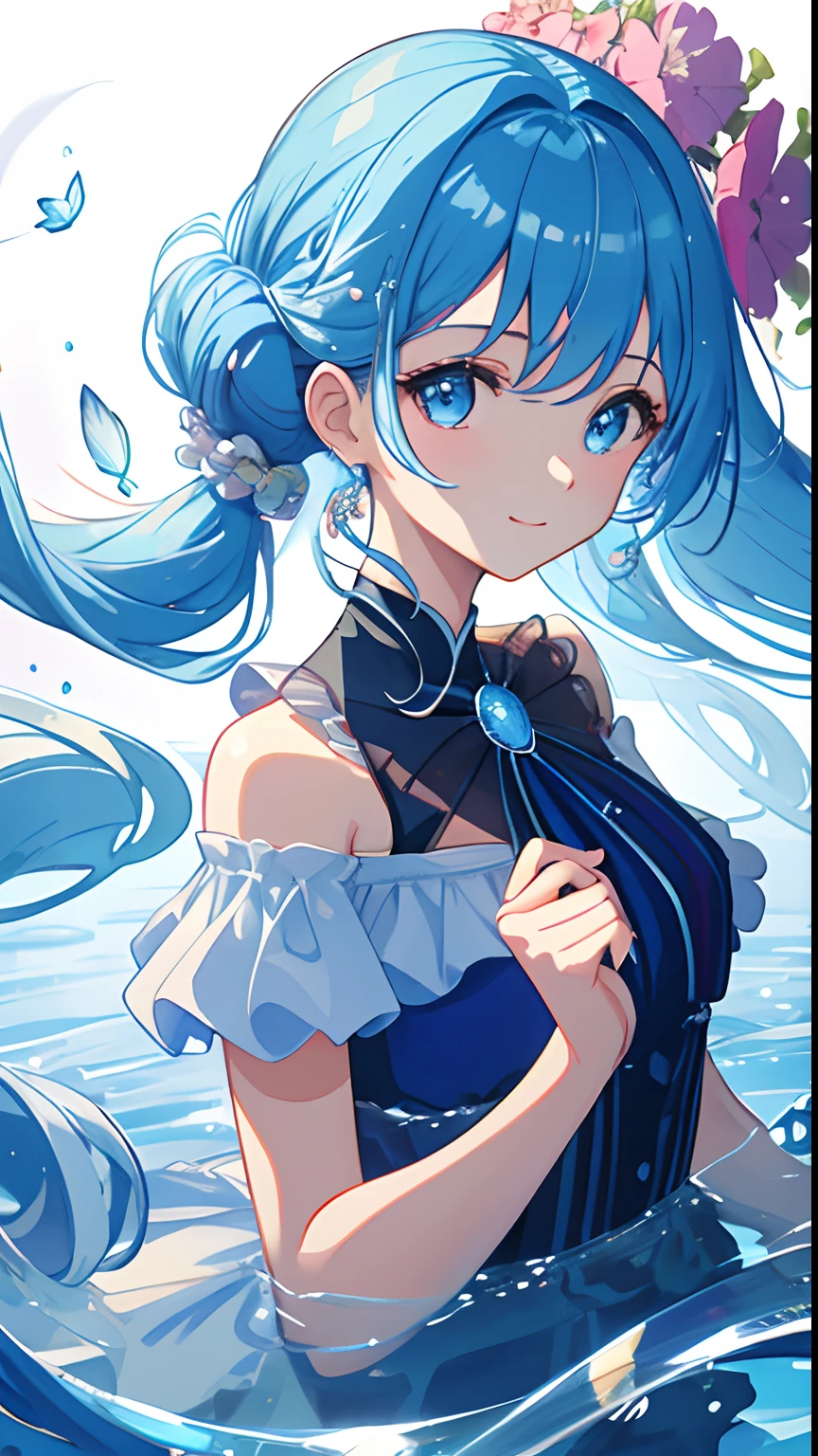 (masterpiece)、(best qualtiy)、(ultra-detailliert)、(dishevled hair)、(illustratio)、(1 girl in)、(Fashionable clothes)、is standing、fashion modell、see the beholder、(interview)、(simple background)、Fine and beautiful eyes、Delicate beautiful face、Planktonic、(a high chroma)、(colorful water splash)、colorful bubble、(brilliance)、Focus on Face、poneyTail、Kamisato colorful flowers、lightblue hair、bangss、hair rings、Floating flowers、Floating hairs、(Shines)、The best lighting、Best Shadows、Blue butterfly in the upper left corner of the screen々、ssmile、The background is transparent