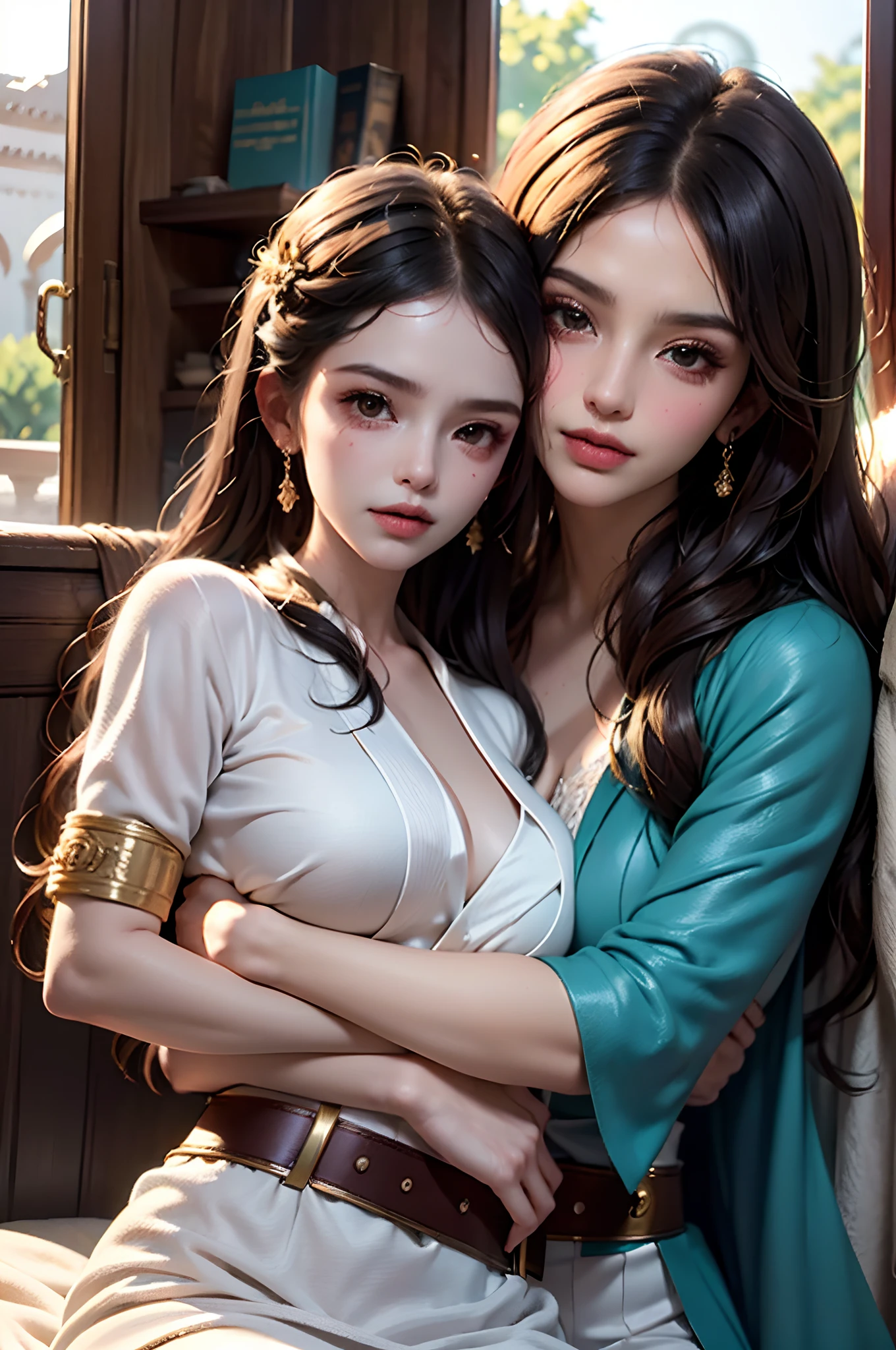 2girl, 2 girl, waist up, concept art, [shu qi:ancient queen:1], grabbing vagina, masturbating touching her breast naked her vagina no panties, Ruff, Anklet, Makeup, loop lighting, 80mm, official art, unity 8k wallpaper, ultra detailed, aesthetic, masterpiece, best quality, photorealistic, vibrant