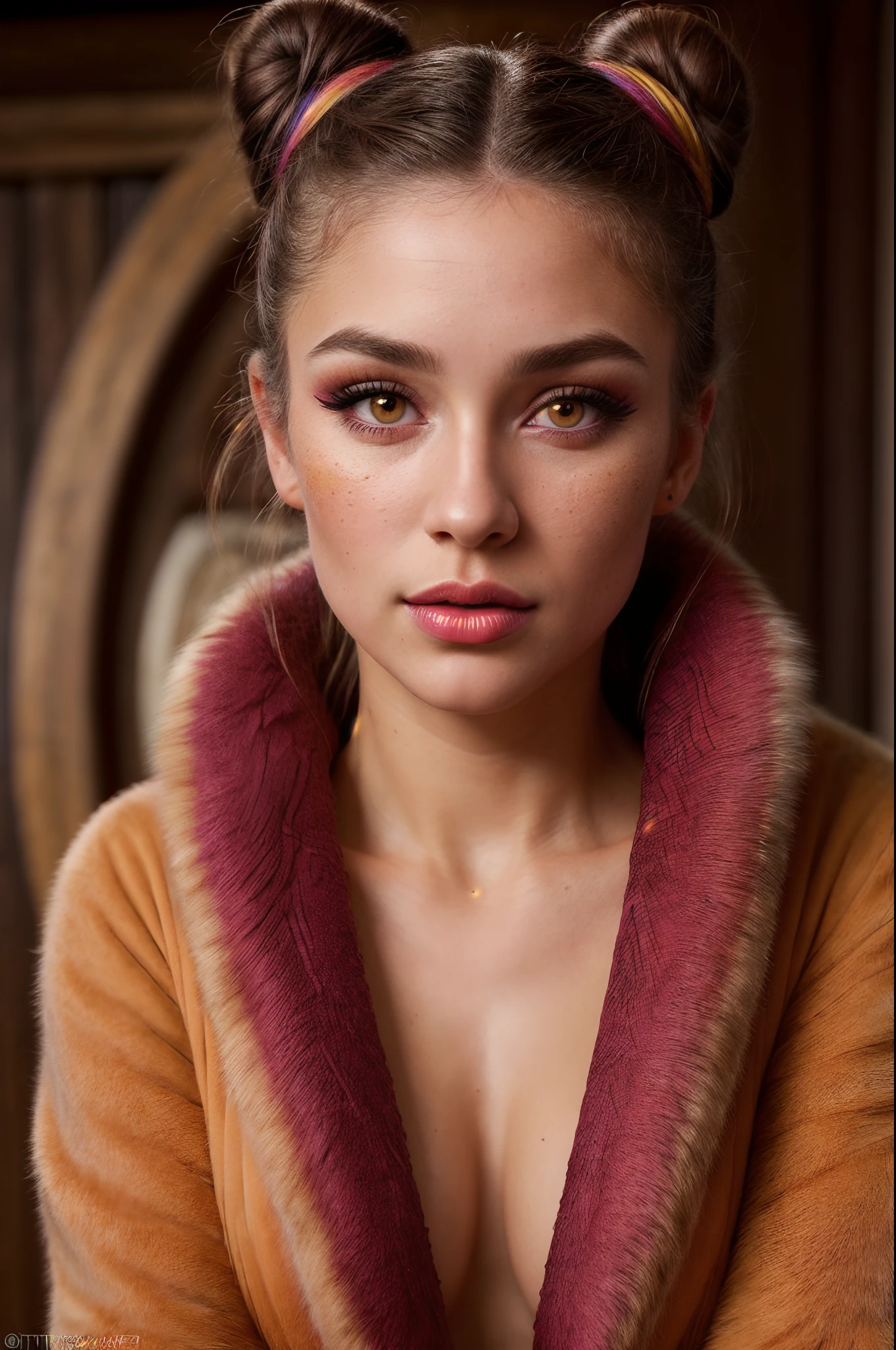 candid photo of a cute young woman ((Joana Gates)) , 25 years, extremely detailed eyes, beautiful face, sweet pink lips, detailed natural skin with pores, (makeup:1.4), amazing body, (fit body:1.2), highly detailed fur, natural,  ((colorful outfit: 1.5)), with bun hair and colorful, Highly detailed perfect smooth skin, Lightroom, Intricate, Ultra-Realistic, Out There, (HDR:1.3), UHD, (Intricate Detail, Hyper-Detailed:1.1), Cinematic, Photoreal, (Dark Shot:1.2), Dramatic, High Contrast, (Warm Color:1.1)