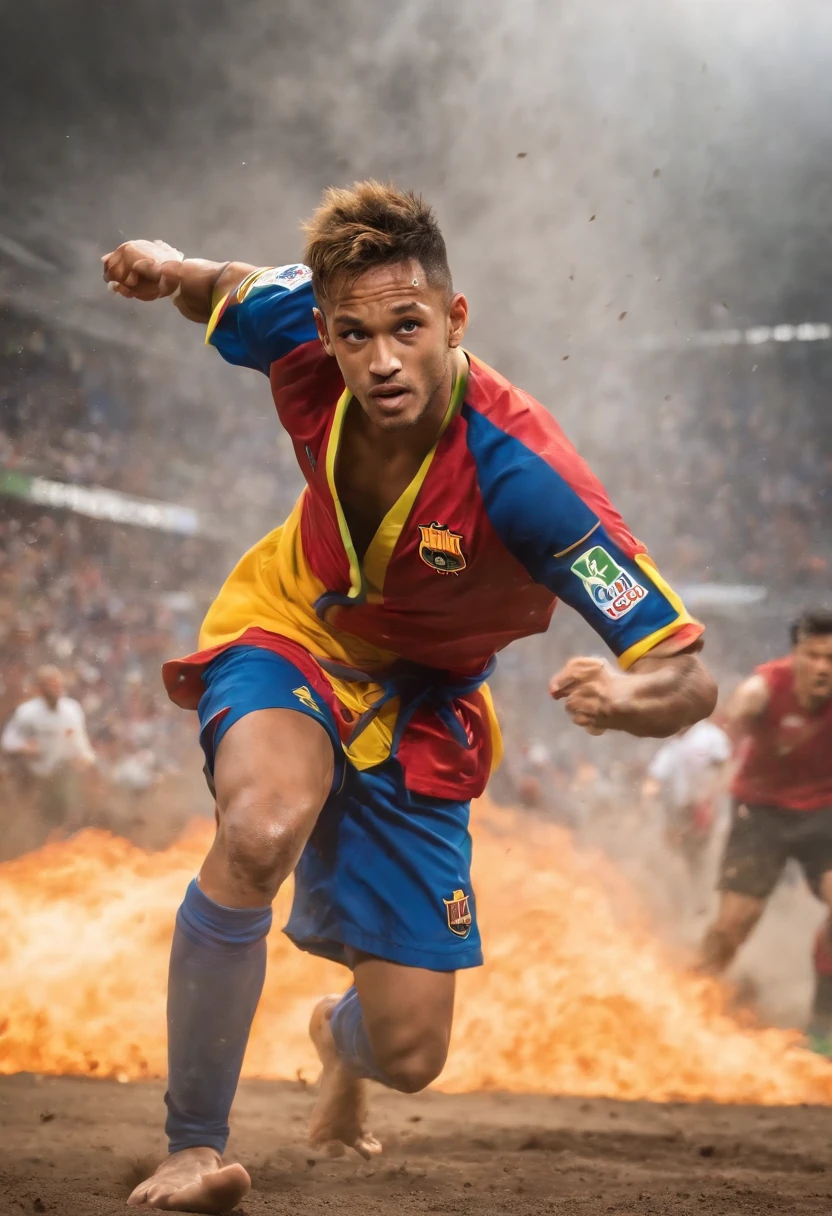 (a girl, a warrior),(realistic,physically-based rendering,highest-quality:1.2),(Neymar vs Goku),(detailed facial features,expressive eyes and lips),(intense fighting scene,expressive body language,strong punches),(colorful and vibrant art style,high contrast),(dynamic lighting,spotlights highlighting the action),(Brazilian footballer vs Saiyan hero),(fast-paced movements,energy blasts),(dust and debris in the air,enhancing the intensity),(feathers and smoke effects,adding depth and atmosphere),(Goku's iconic orange gi,Neymar's soccer jersey),(crowd cheering,excited spectators),(tense atmosphere,adrenaline-filled),(powerful aura surrounding Goku,showing his strength),(intense emotions on the faces of both characters),(determined expressions,aspiring to victory),(dragon Shenron looming in the background,signifying the fight's importance),(Brazilian flag waving in the distance,hinting at Neymar's origin),(focused perspective,immersing the viewer in the action),(extreme detail,showcasing the skills of Stable Diffusion),(dramatic poses,evoking a sense of power and energy),(mastery of martial arts,sleek movements),(energetic color palette,adding liveliness),(cracks on the ground,showing the impact of their attacks),(rippling energy waves,powerful forcefield),(fierce competition,highlighting their rivalry),(sweat dripping,exhaustion),(powerful culmination of their abilities,epic clash of worlds),(Brazilian samba music,energizing the scene),(transcendent battle,showing their superhuman capabilities),(hair and clothes flowing in the wind,dynamic motion),(artistic interpretation,blending sports and fantasy),(triumphant victory,heroic celebration),(sparks flying,enhancing the action),(intense determination,unyielding spirit),(ornate background design,enriching the composition),(multi-layered image,depth and perspective),(visible impact from their attacks,creating tension),(high-resolution details,showing the finest textures),(impressive artistry,capturing the essence of the ba