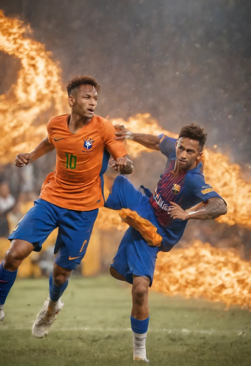 (a girl, a warrior),(realistic,physically-based rendering,highest-quality:1.2),(Neymar vs Goku),(detailed facial features,expressive eyes and lips),(intense fighting scene,expressive body language,strong punches),(colorful and vibrant art style,high contrast),(dynamic lighting,spotlights highlighting the action),(Brazilian footballer vs Saiyan hero),(fast-paced movements,energy blasts),(dust and debris in the air,enhancing the intensity),(feathers and smoke effects,adding depth and atmosphere),(Goku's iconic orange gi,Neymar's soccer jersey),(crowd cheering,excited spectators),(tense atmosphere,adrenaline-filled),(powerful aura surrounding Goku,showing his strength),(intense emotions on the faces of both characters),(determined expressions,aspiring to victory),(dragon Shenron looming in the background,signifying the fight's importance),(Brazilian flag waving in the distance,hinting at Neymar's origin),(focused perspective,immersing the viewer in the action),(extreme detail,showcasing the skills of Stable Diffusion),(dramatic poses,evoking a sense of power and energy),(mastery of martial arts,sleek movements),(energetic color palette,adding liveliness),(cracks on the ground,showing the impact of their attacks),(rippling energy waves,powerful forcefield),(fierce competition,highlighting their rivalry),(sweat dripping,exhaustion),(powerful culmination of their abilities,epic clash of worlds),(Brazilian samba music,energizing the scene),(transcendent battle,showing their superhuman capabilities),(hair and clothes flowing in the wind,dynamic motion),(artistic interpretation,blending sports and fantasy),(triumphant victory,heroic celebration),(sparks flying,enhancing the action),(intense determination,unyielding spirit),(ornate background design,enriching the composition),(multi-layered image,depth and perspective),(visible impact from their attacks,creating tension),(high-resolution details,showing the finest textures),(impressive artistry,capturing the essence of the ba