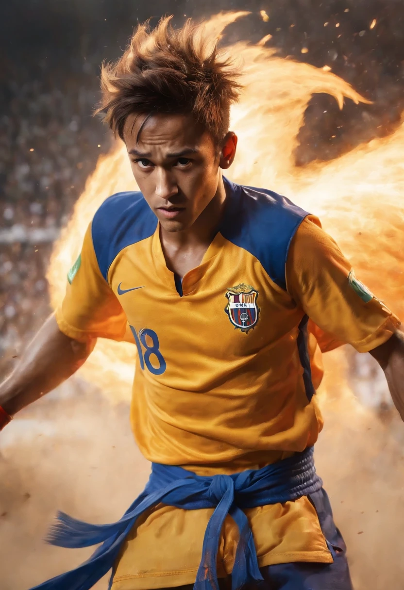 (a girl, a warrior),(realistic,physically-based rendering,highest-quality:1.2),(Neymar vs Goku),(detailed facial features,expressive eyes and lips),(intense fighting scene,expressive body language,strong punches),(colorful and vibrant art style,high contrast),(dynamic lighting,spotlights highlighting the action),(Brazilian footballer vs Saiyan hero),(fast-paced movements,energy blasts),(dust and debris in the air,enhancing the intensity),(feathers and smoke effects,adding depth and atmosphere),(Goku's iconic orange gi,Neymar's soccer jersey),(crowd cheering,excited spectators),(tense atmosphere,adrenaline-filled),(powerful aura surrounding Goku,showing his strength),(intense emotions on the faces of both characters),(determined expressions,aspiring to victory),(dragon Shenron looming in the background,signifying the fight's importance),(Brazilian flag waving in the distance,hinting at Neymar's origin),(focused perspective,immersing the viewer in the action),(extreme detail,showcasing the skills of Stable Diffusion),(dramatic poses,evoking a sense of power and energy),(mastery of martial arts,sleek movements),(energetic color palette,adding liveliness),(cracks on the ground,showing the impact of their attacks),(rippling energy waves,powerful forcefield),(fierce competition,highlighting their rivalry),(sweat dripping,exhaustion),(powerful culmination of their abilities,epic clash of worlds),(Brazilian samba music,energizing the scene),(transcendent battle,showing their superhuman capabilities),(hair and clothes flowing in the wind,dynamic motion),(artistic interpretation,blending sports and fantasy),(triumphant victory,heroic celebration),(sparks flying,enhancing the action),(intense determination,unyielding spirit),(ornate background design,enriching the composition),(multi-layered image,depth and perspective),(visible impact from their attacks,creating tension),(high-resolution details,showing the finest textures),(impressive artistry,capturing the essence of the ba