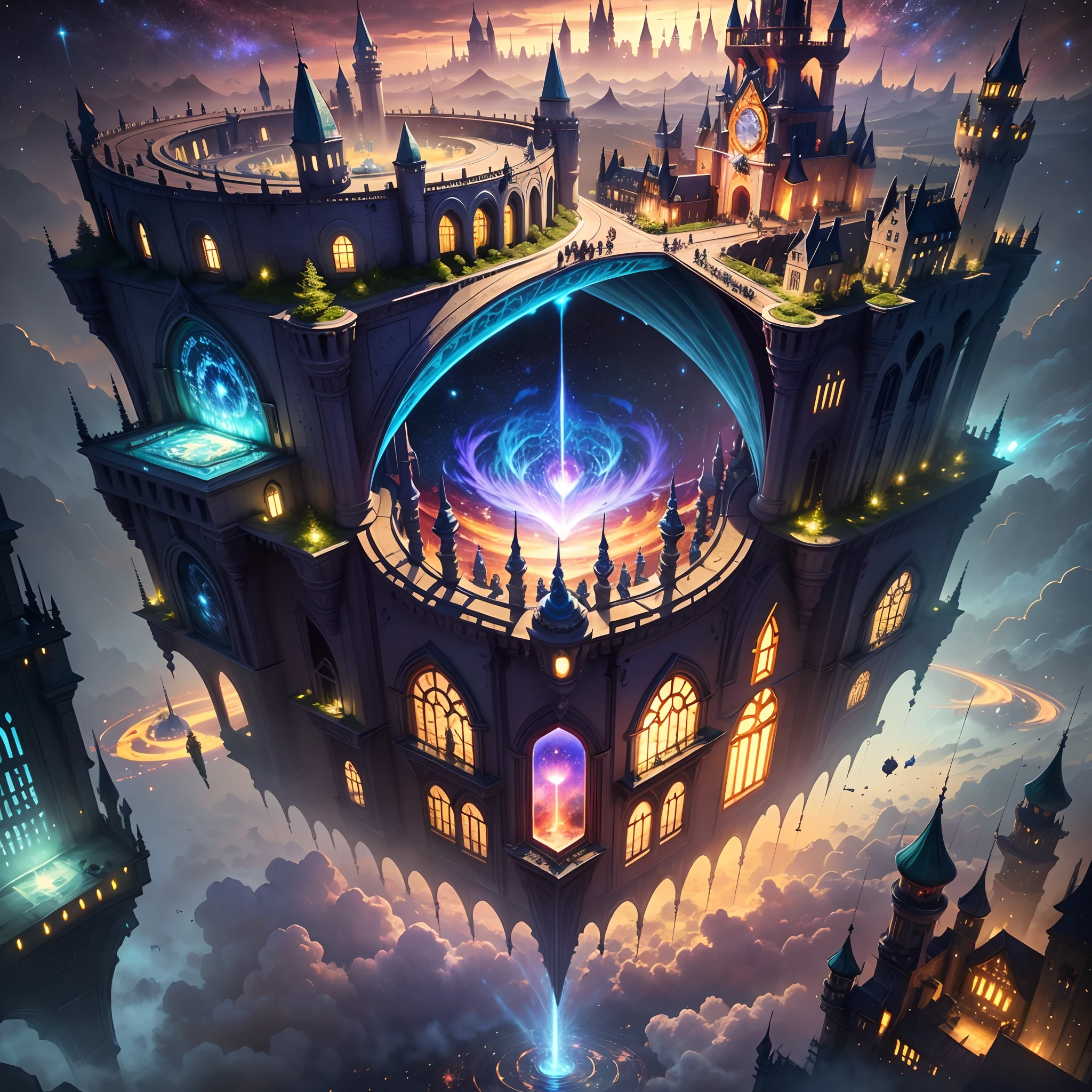 Space Magic Week, Magic concept art highlights, Vernadskys intellectual circle, In a mysterious world,There is a huge moving castle,It floats in the vast sky。The façade of the castle is made of endless metal and crystal,shimmering with an enigmatic twinkle。Huge mechanical devices maintain the castle's moving power,It allows it to travel freely through the air。The source of power for the castle is an ancient and mysterious ore,Known as the "Heart of the Stars"。It contains the essence of cosmic energy,It provides a constant flow of power for the castle。This heart of the star is embedded in the very heart of the castle,Protected by sophisticated devices and magic barriers。The castle is surrounded by a peculiar and dangerous environment,Known as the "Void Vortex"。The Void Vortex is a phenomenon that distorts space-time,Attracts energy and matter from all worlds。The castle uses the Void Vortex to absorb resources,So as to continue to grow and improve itself,metaverse concept art, Ocean of Magic, Mobile floating city in the cloud, Galactic fighter, Huge floating moving castle, a digital dreamscape, Magic fantasy 3D concept art, Amazing concept art ,Warm pigment,Bright colors,Bright light,Extreme refinement,Masterpiece,8k,tmasterpiece --v 6