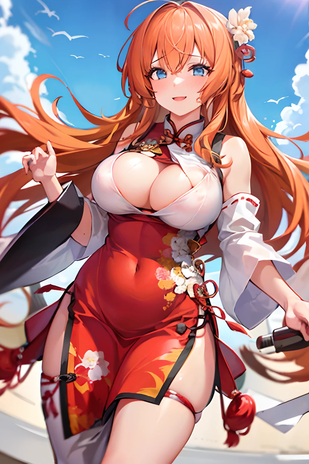 masutepiece, Best Quality, 1girl in,(Solo:1.3),Looking at Viewer, Mai Aihara,1girl in,Long hair,Orange hair,Blue eyes,(Huge breasts:1.3)、red blush、(qipao dress:1.2)、A smile